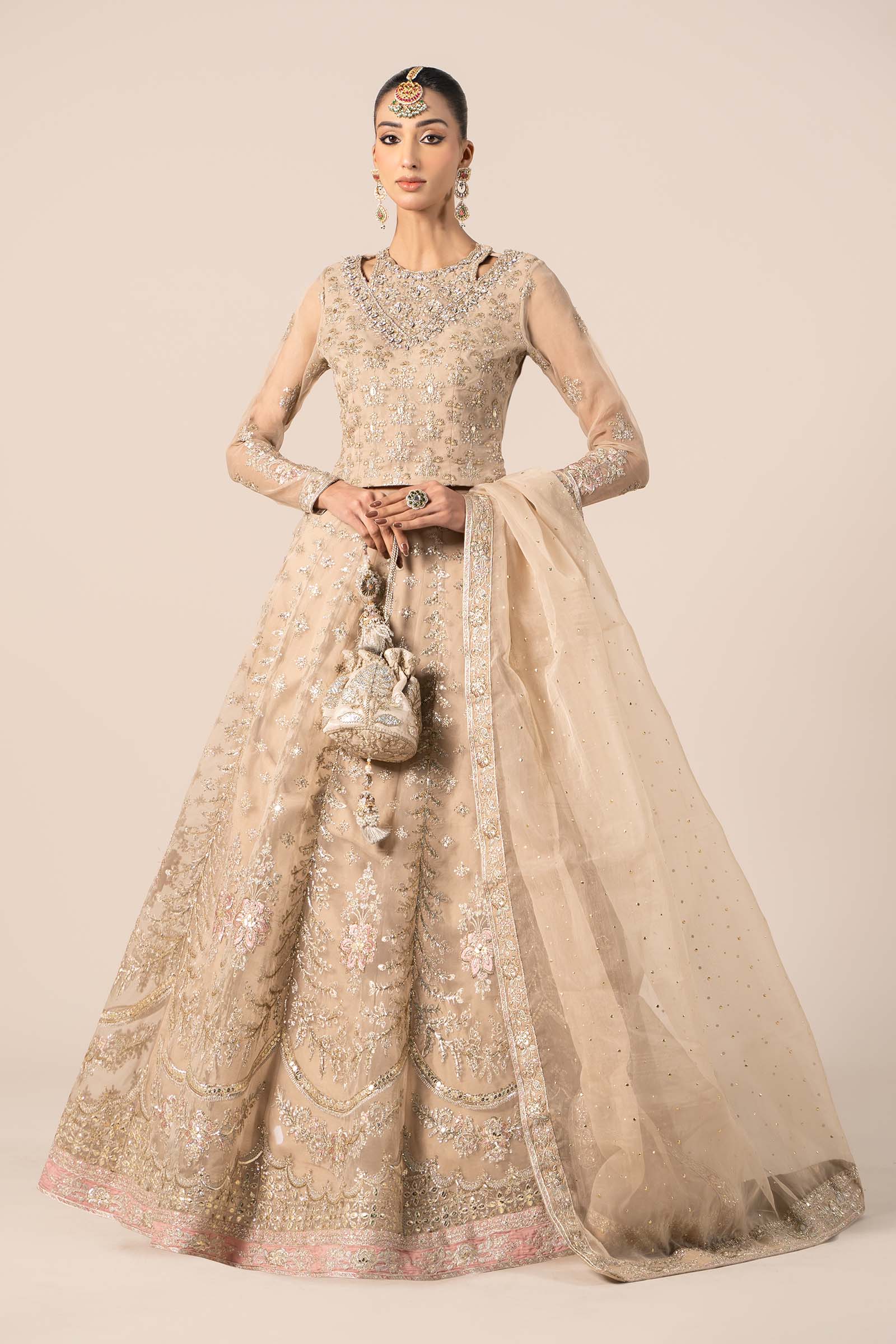 Pakistani Beige Embroidered Organza Lehenga Set (3-Piece) - Image 1