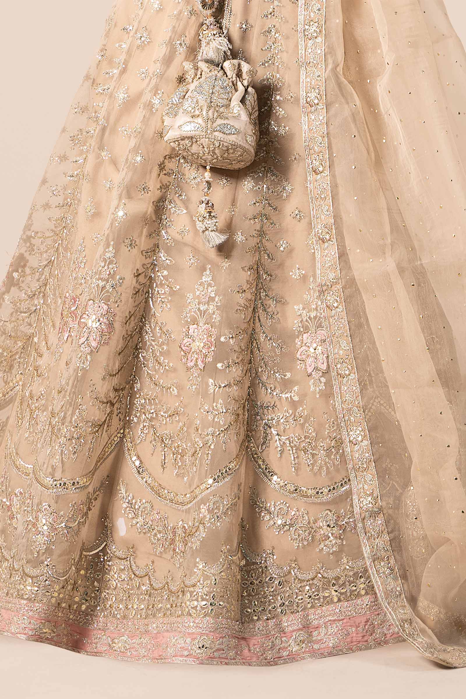 Pakistani Beige Embroidered Organza Lehenga Set (3-Piece) - Image 5