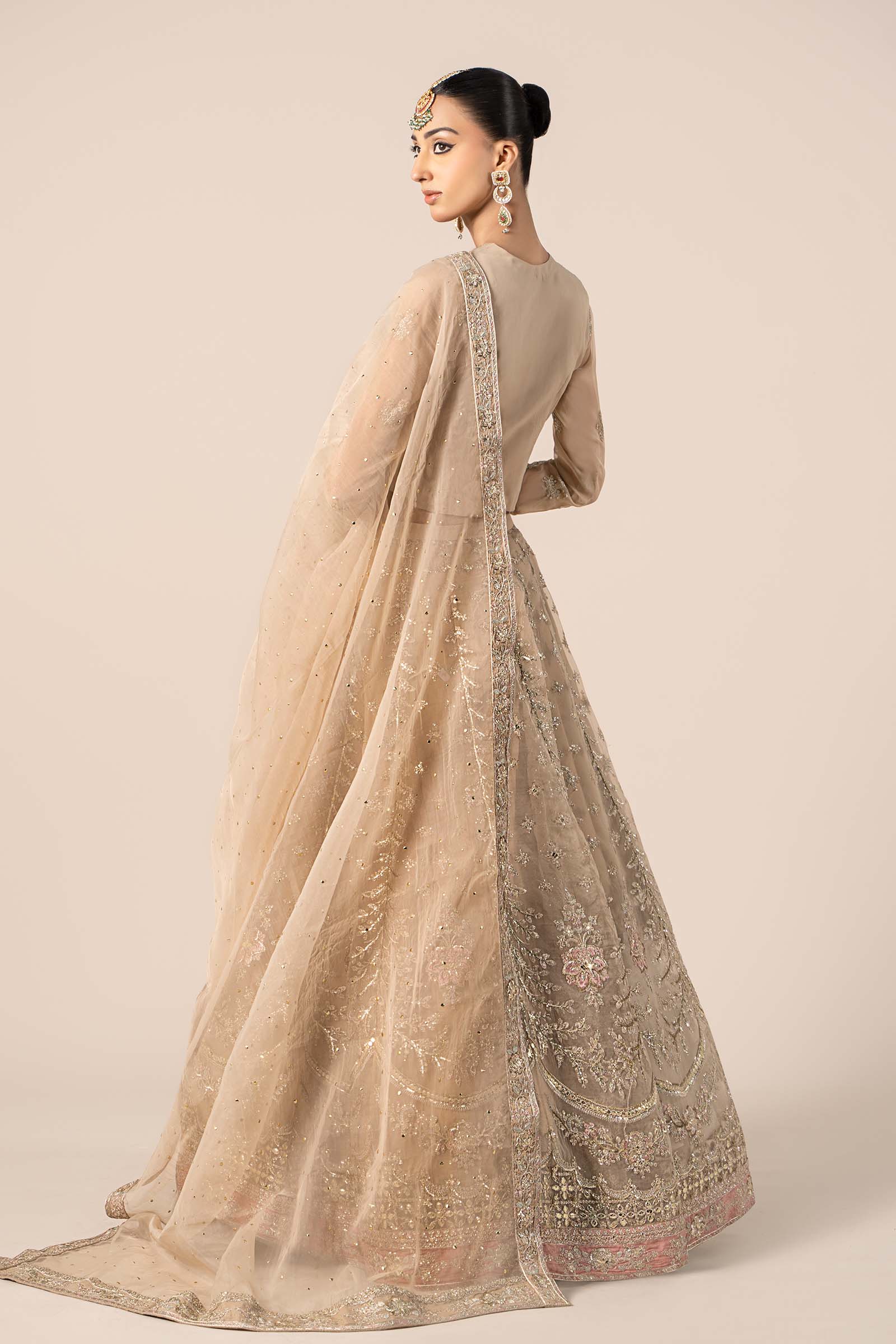 Pakistani Beige Embroidered Organza Lehenga Set (3-Piece) - Image 7