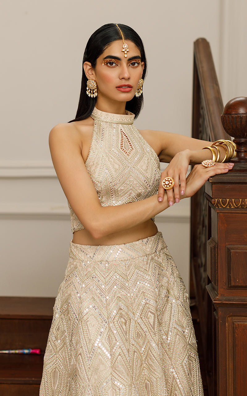 Beige Embroidered Organza Lehenga Set (2-Piece) - Image 2