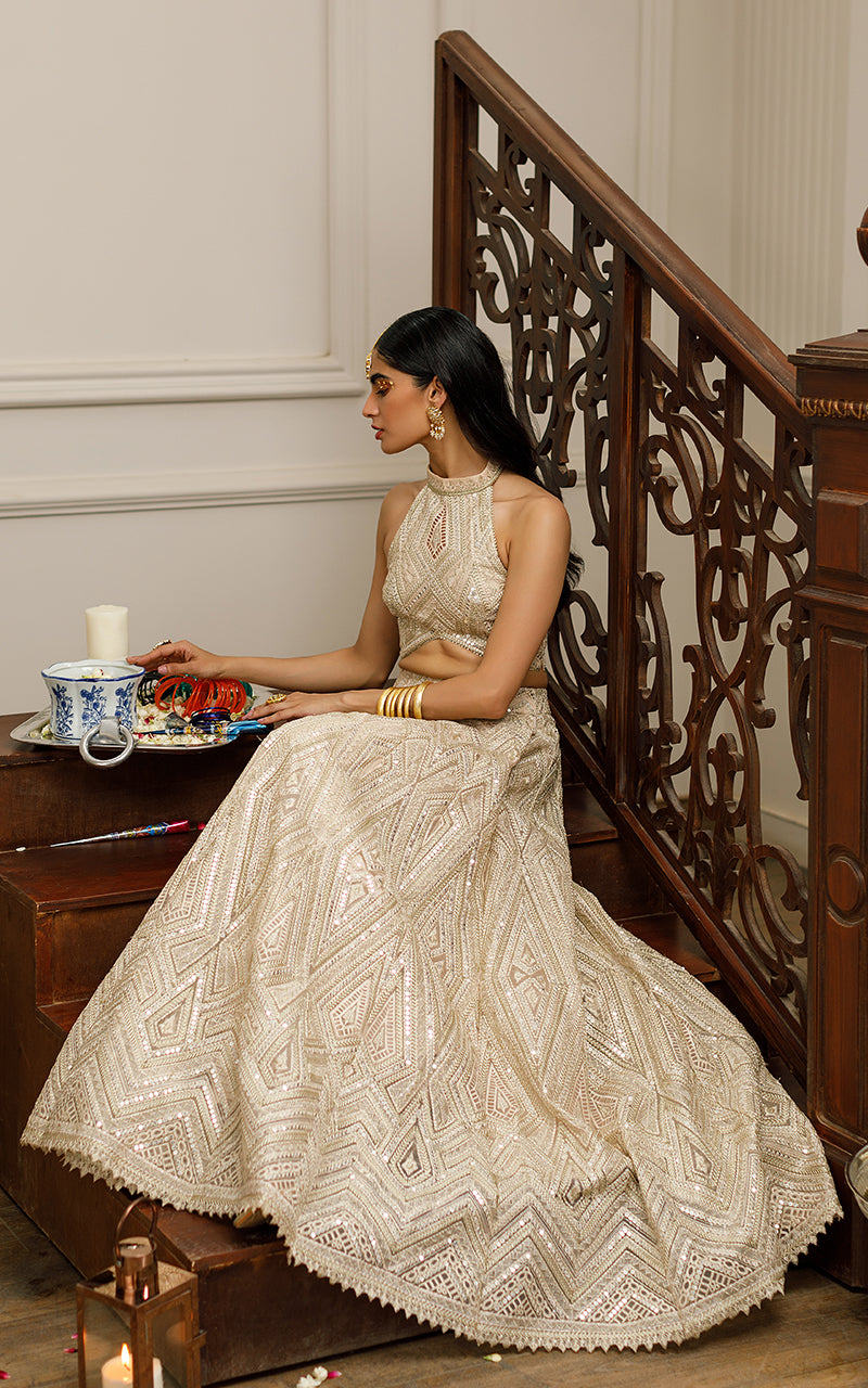 Beige Embroidered Organza Lehenga Set (2-Piece) - Image 5