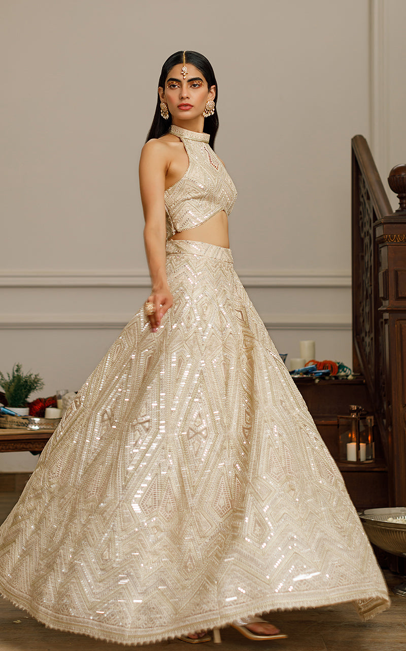 Beige Embroidered Organza Lehenga Set (2-Piece) - Image 6