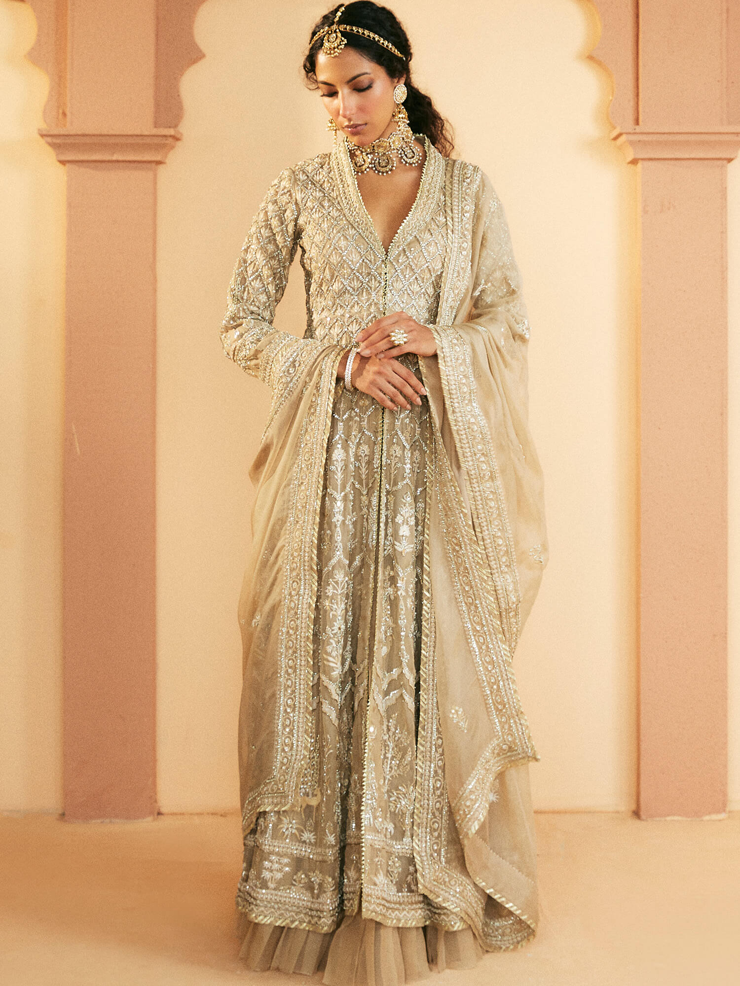 Taupe Resham & Zardozi Organza Lehenga Set (3-Piece) - Image 1