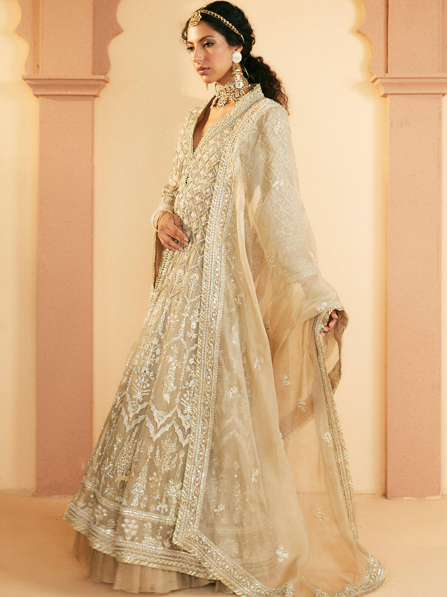 Taupe Resham & Zardozi Organza Lehenga Set (3-Piece) - Image 3