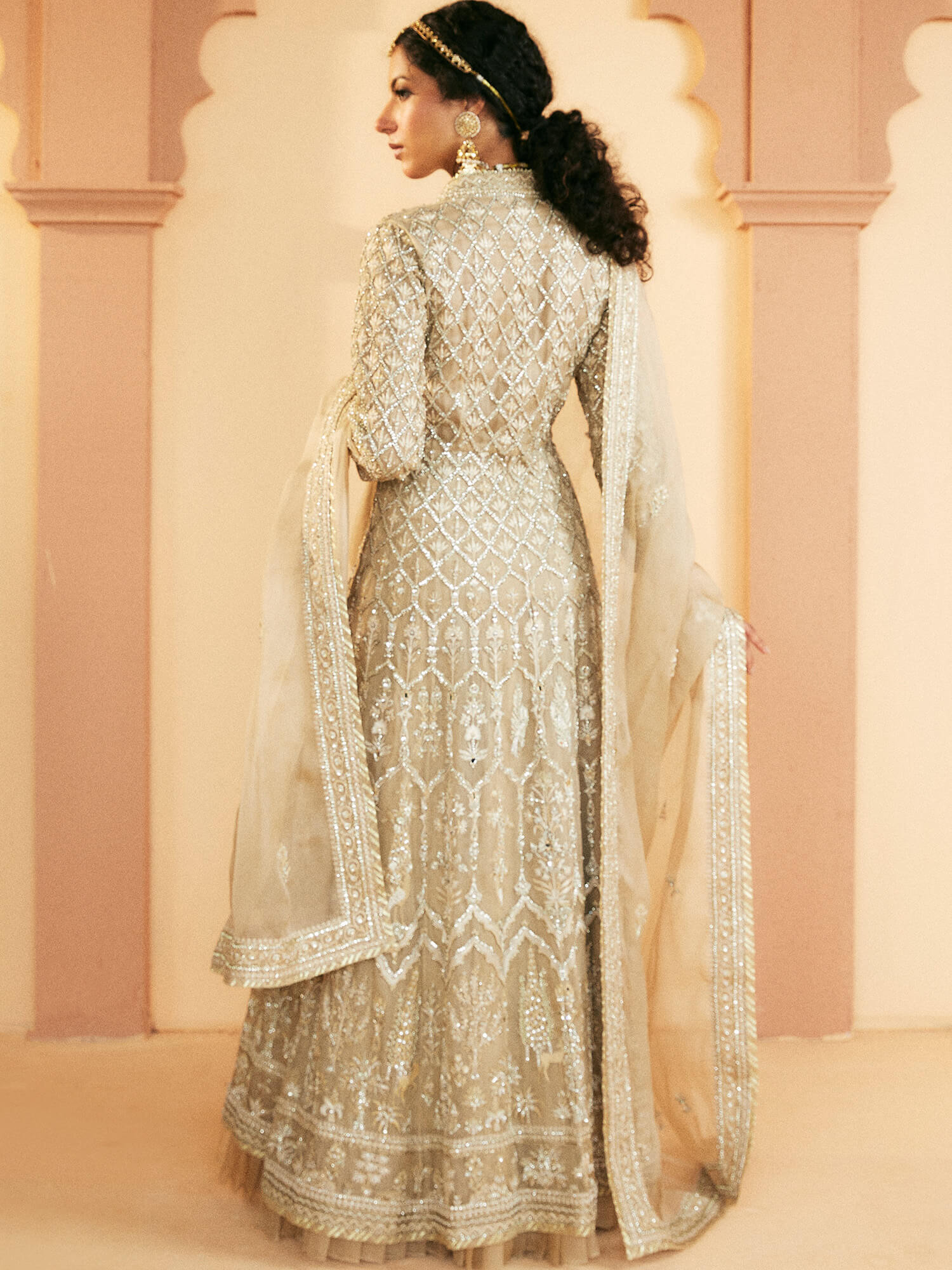 Taupe Resham & Zardozi Organza Lehenga Set (3-Piece) - Image 4