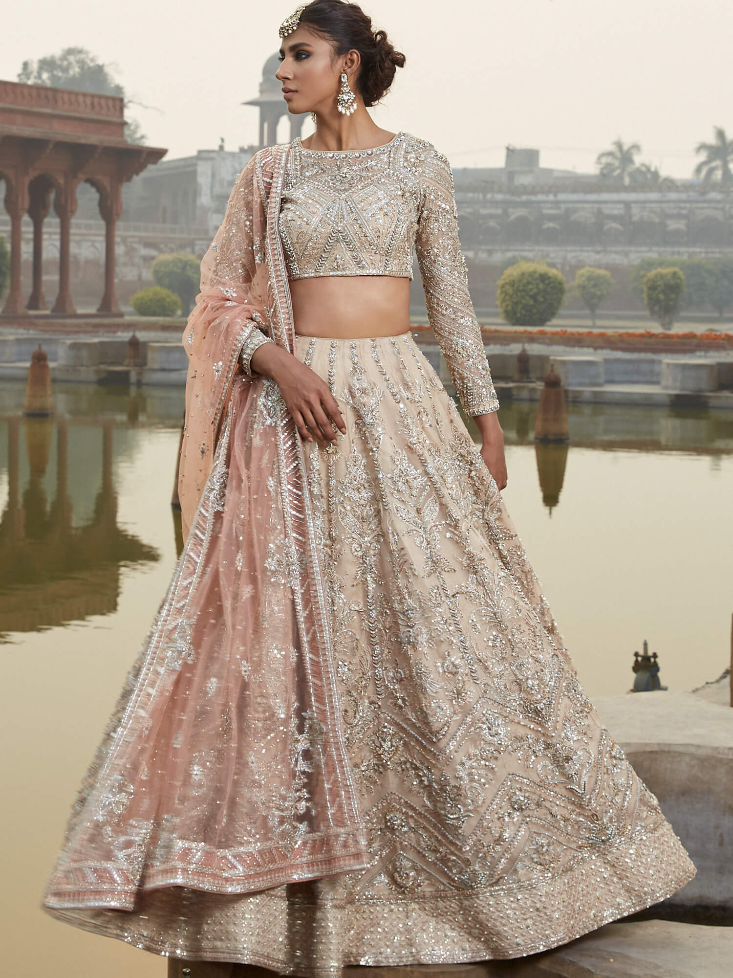 Nude Zardozi Embroidered Organza Lehenga Choli (3-Piece) - Image 1