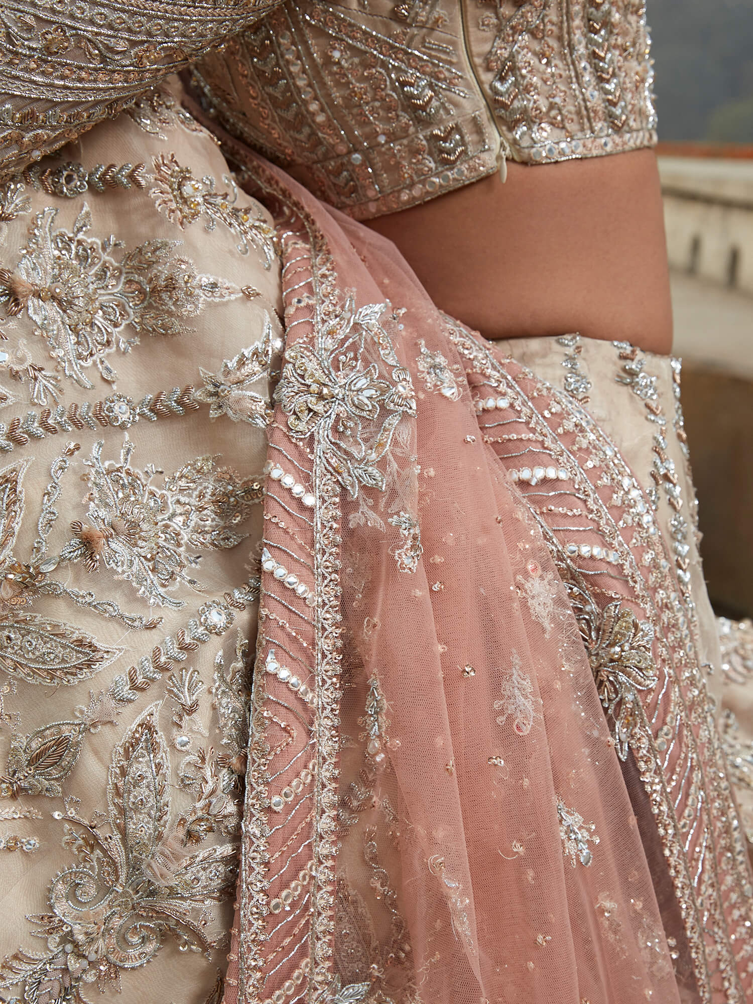 Nude Zardozi Embroidered Organza Lehenga Choli (3-Piece) - Image 2