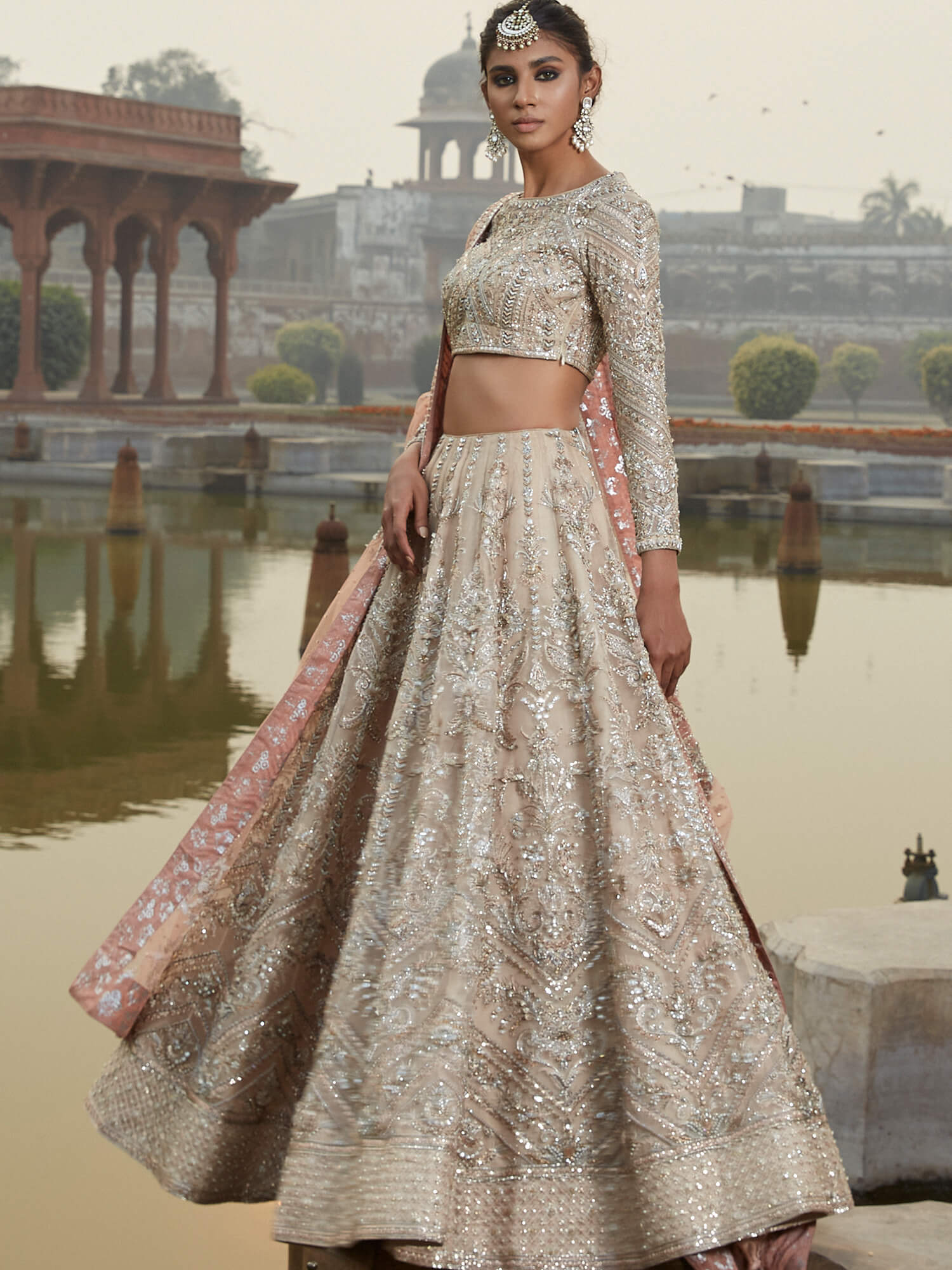 Nude Zardozi Embroidered Organza Lehenga Choli (3-Piece) - Image 3