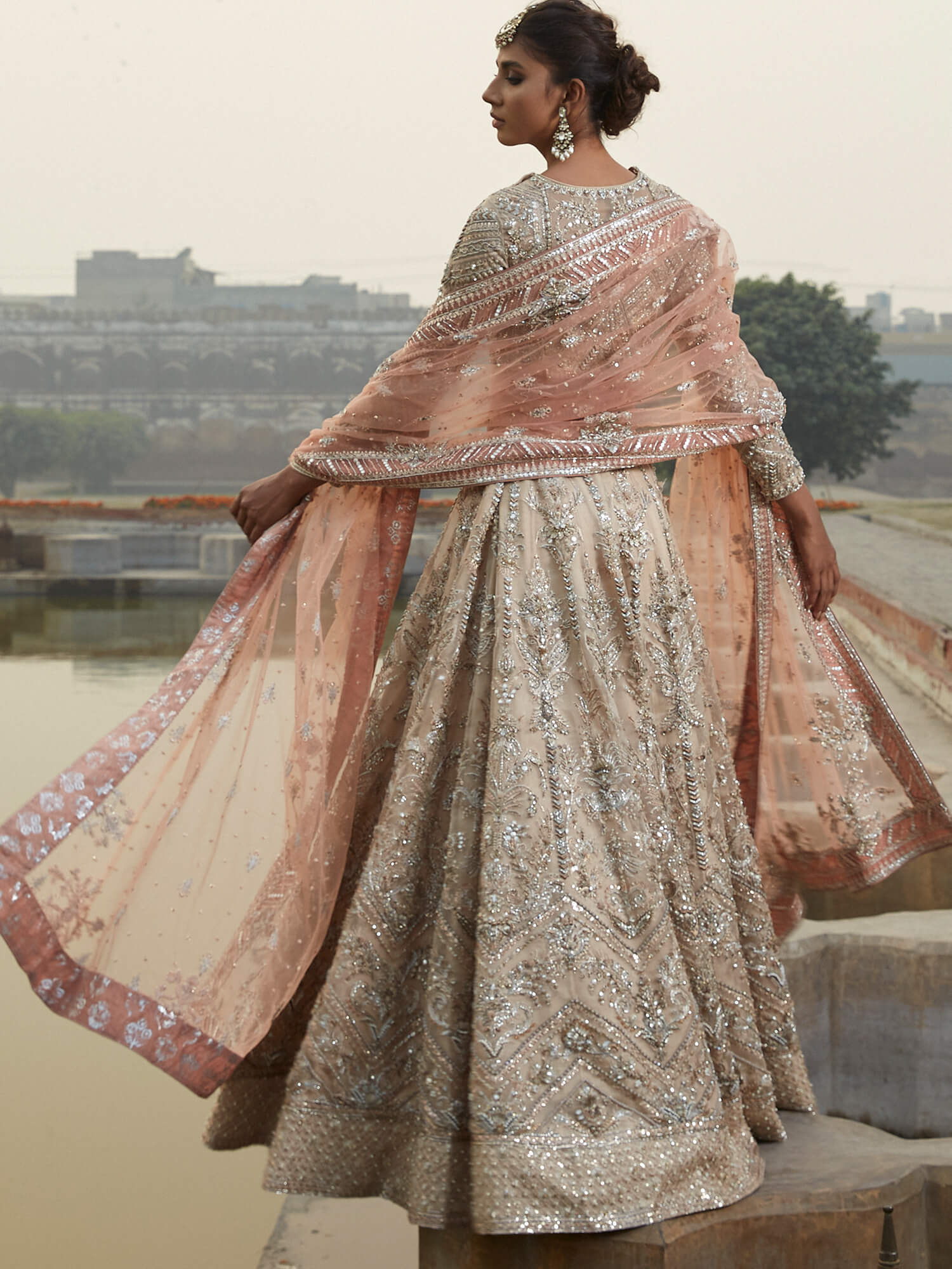 Nude Zardozi Embroidered Organza Lehenga Choli (3-Piece) - Image 4