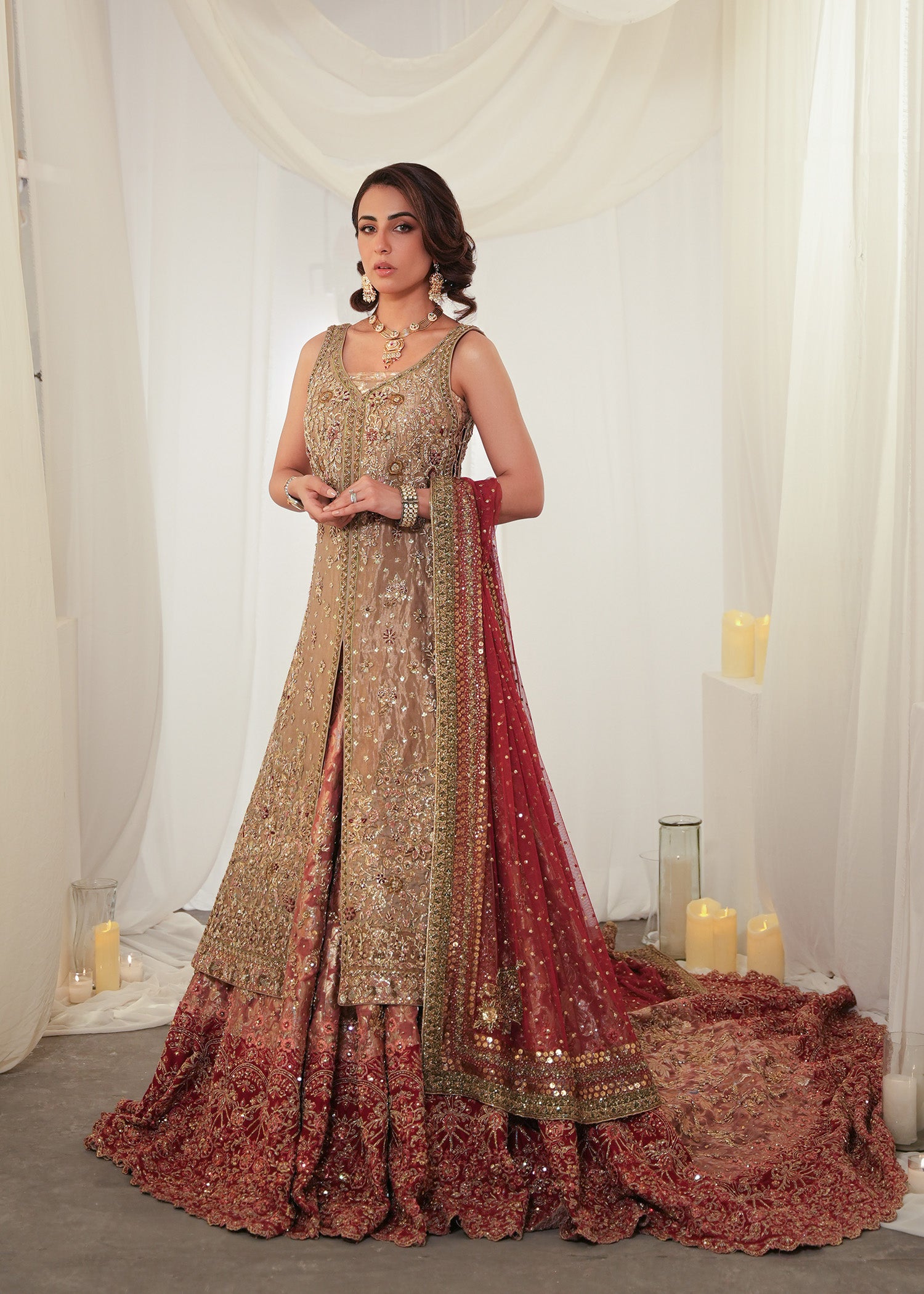 Pakistani Feather Beige Embroidered Pure Lame Bridal Lehenga (3-Piece) - Image 1