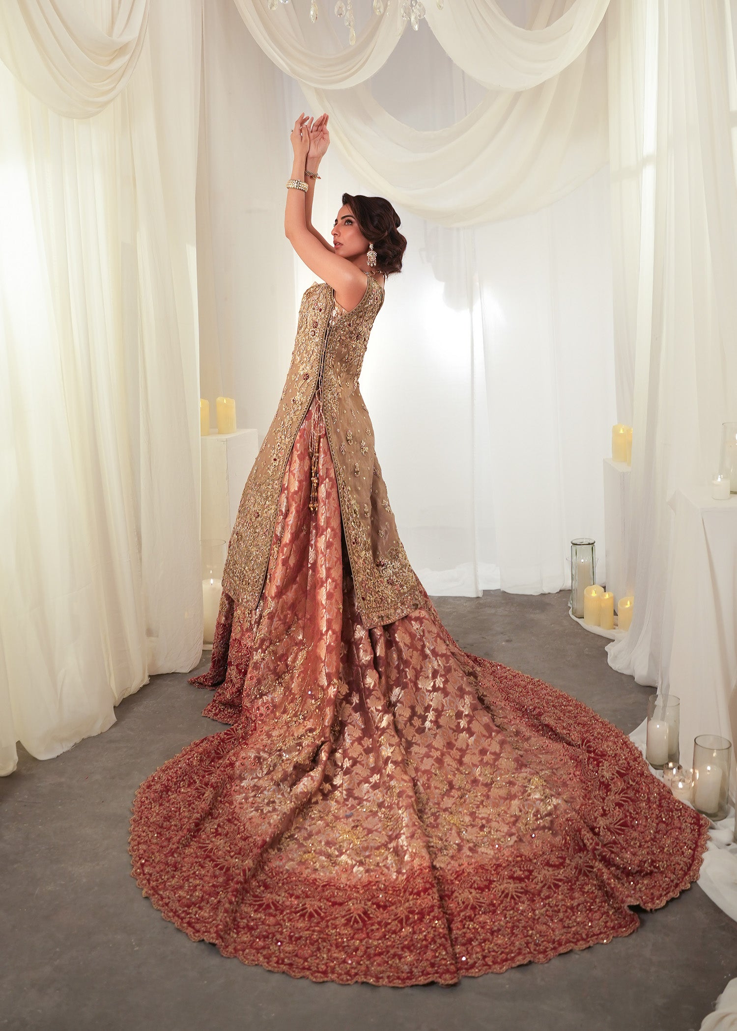 Pakistani Feather Beige Embroidered Pure Lame Bridal Lehenga (3-Piece) - Image 2