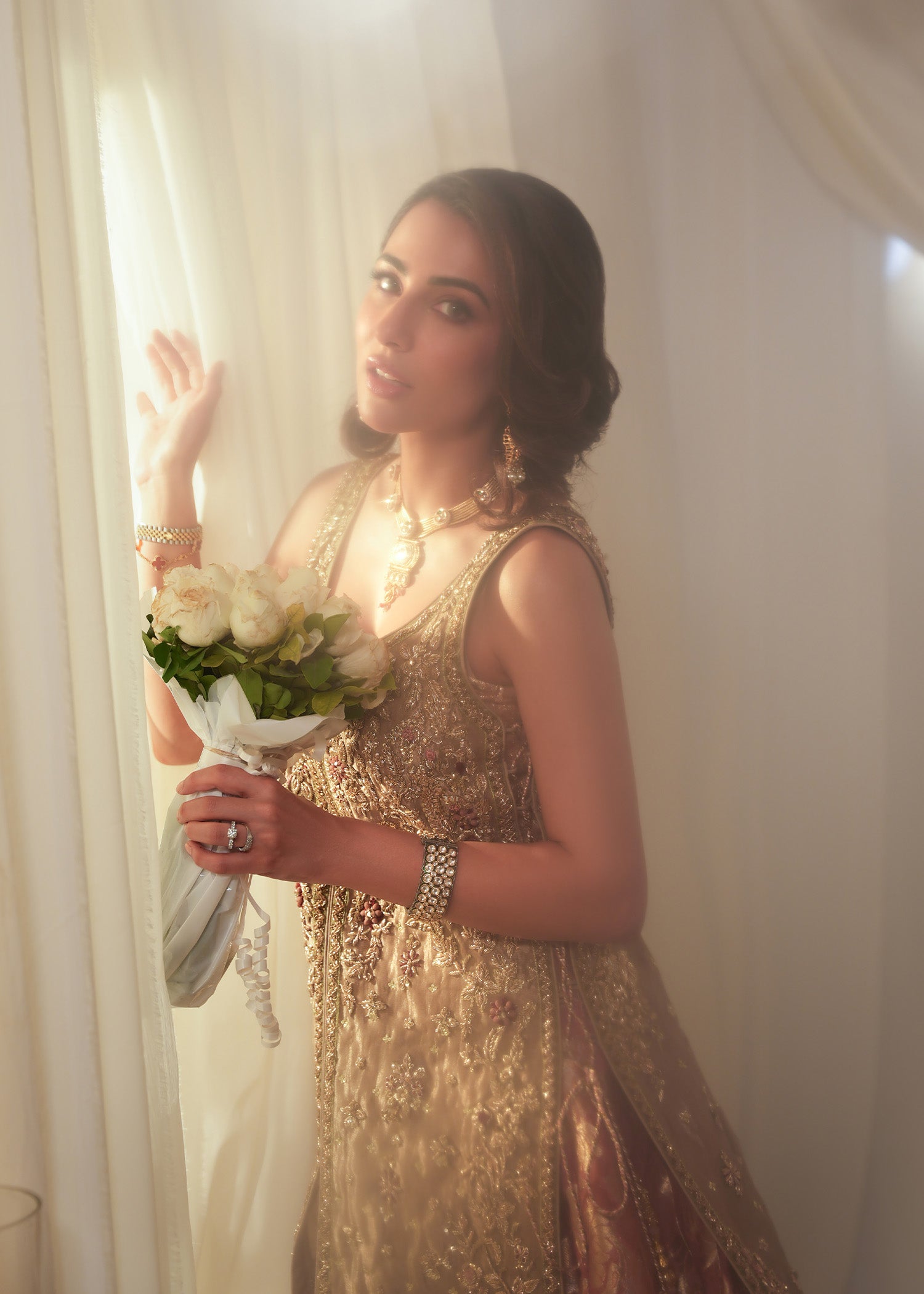 Pakistani Feather Beige Embroidered Pure Lame Bridal Lehenga (3-Piece) - Image 3