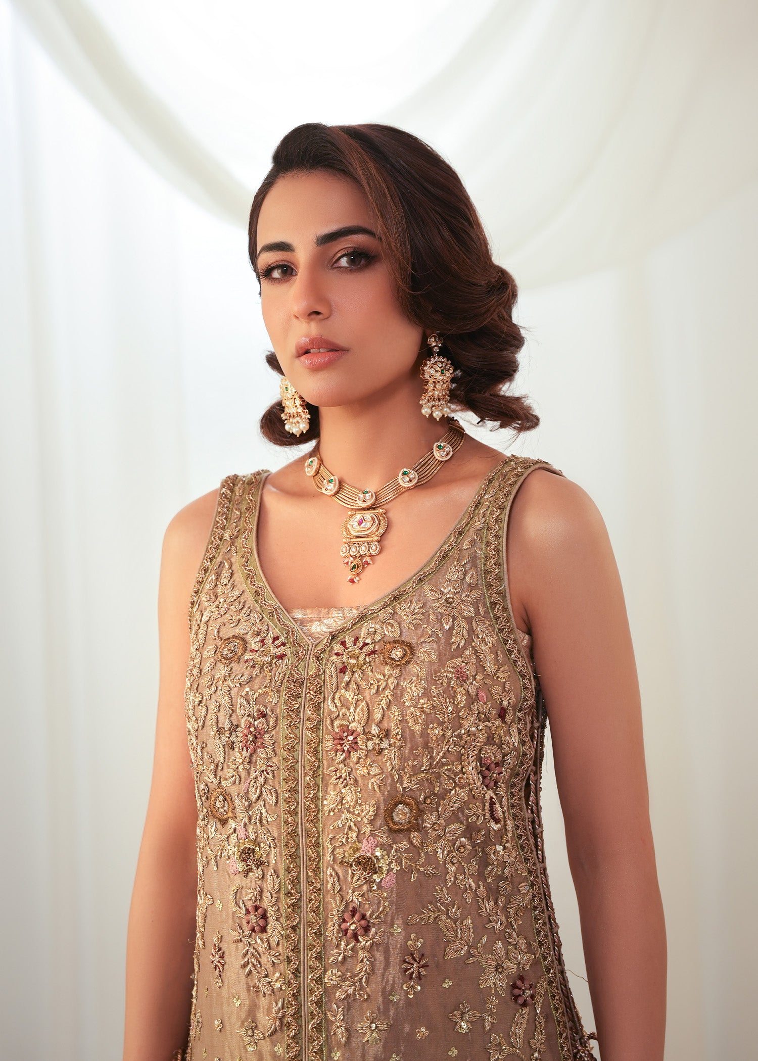 Pakistani Feather Beige Embroidered Pure Lame Bridal Lehenga (3-Piece) - Image 4