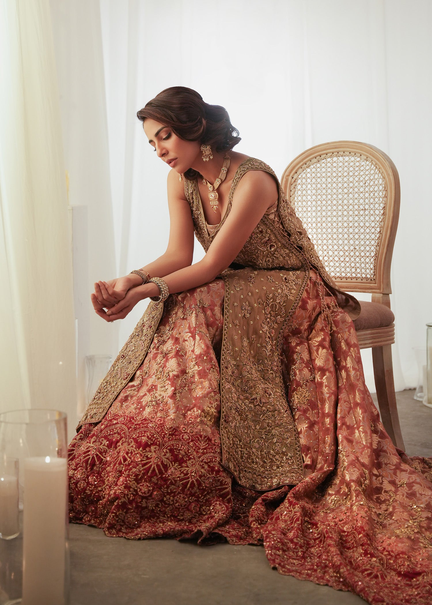 Pakistani Feather Beige Embroidered Pure Lame Bridal Lehenga (3-Piece) - Image 5