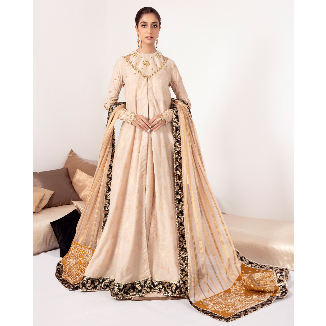 Earthy Beige Embroidered Raw Silk Lehenga Choli (4-Piece) - Image 1