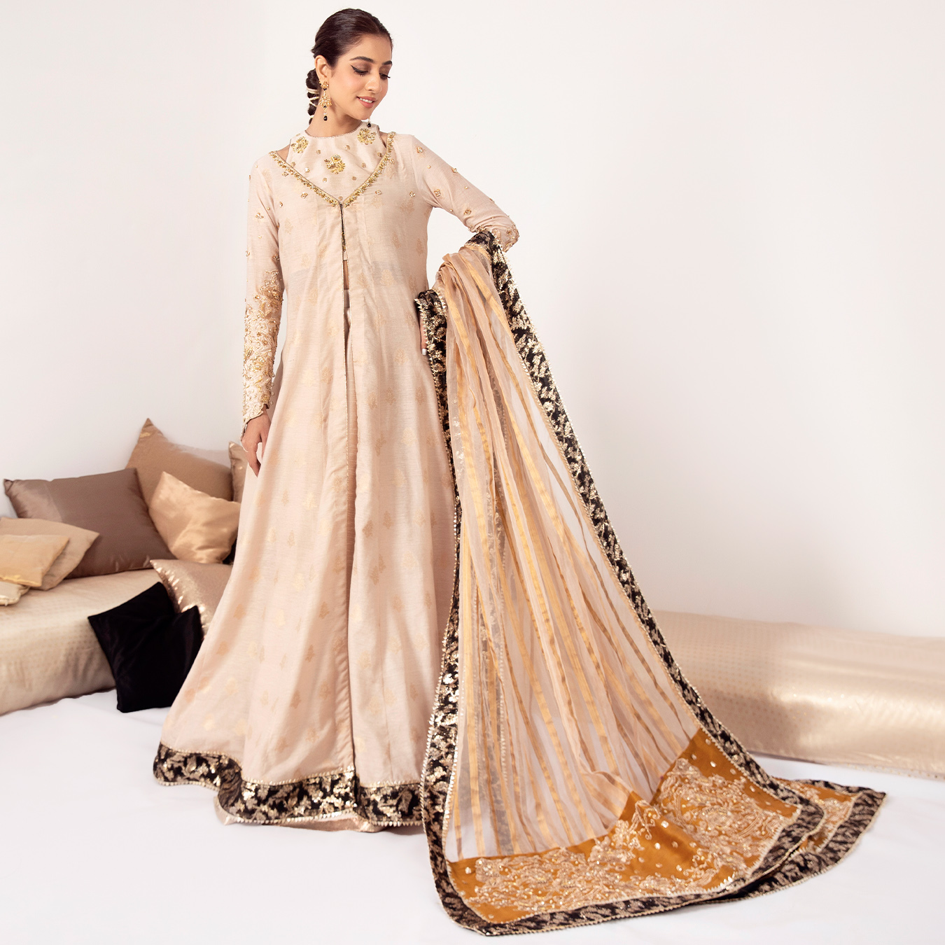 Earthy Beige Embroidered Raw Silk Lehenga Choli (4-Piece) - Image 10