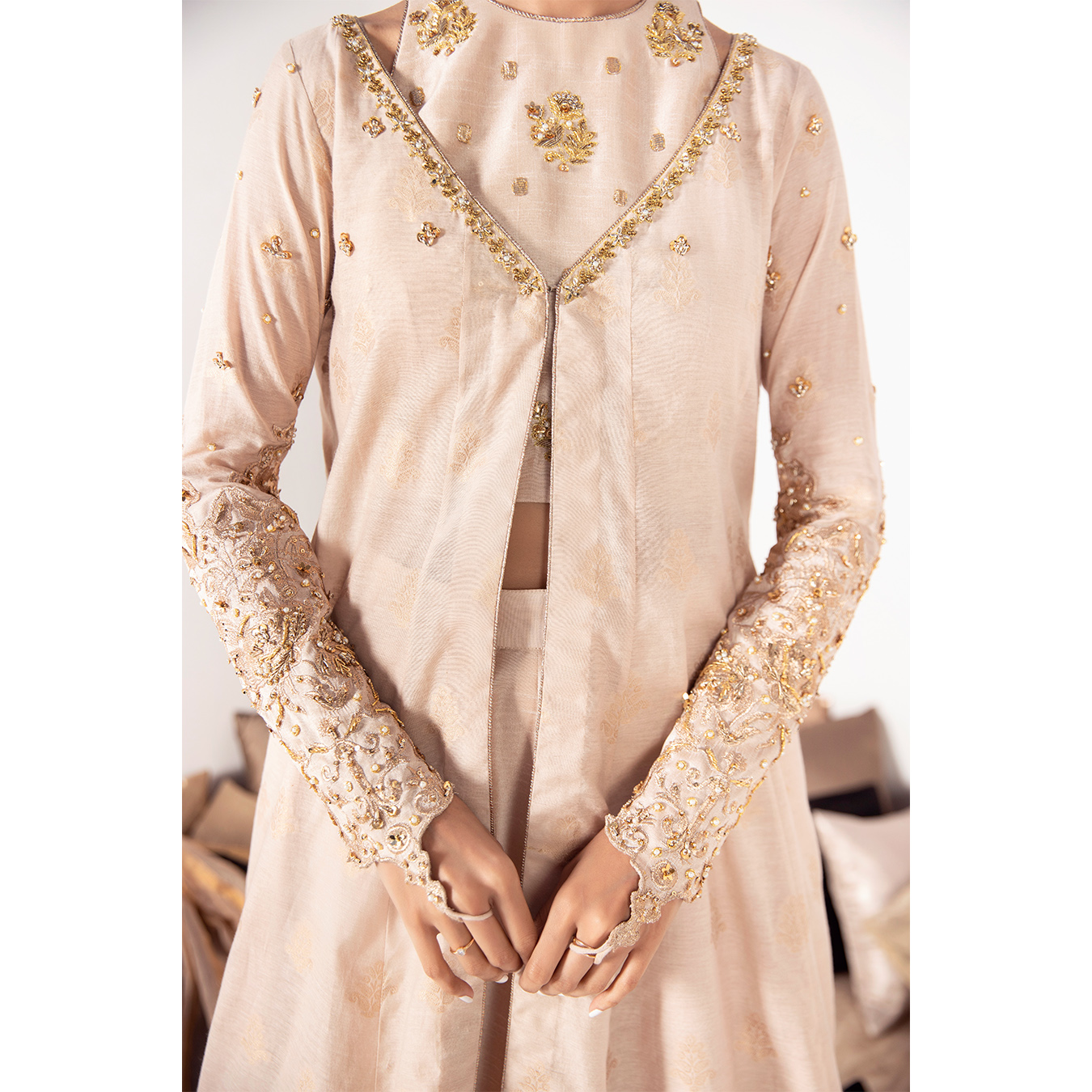 Earthy Beige Embroidered Raw Silk Lehenga Choli (4-Piece) - Image 2