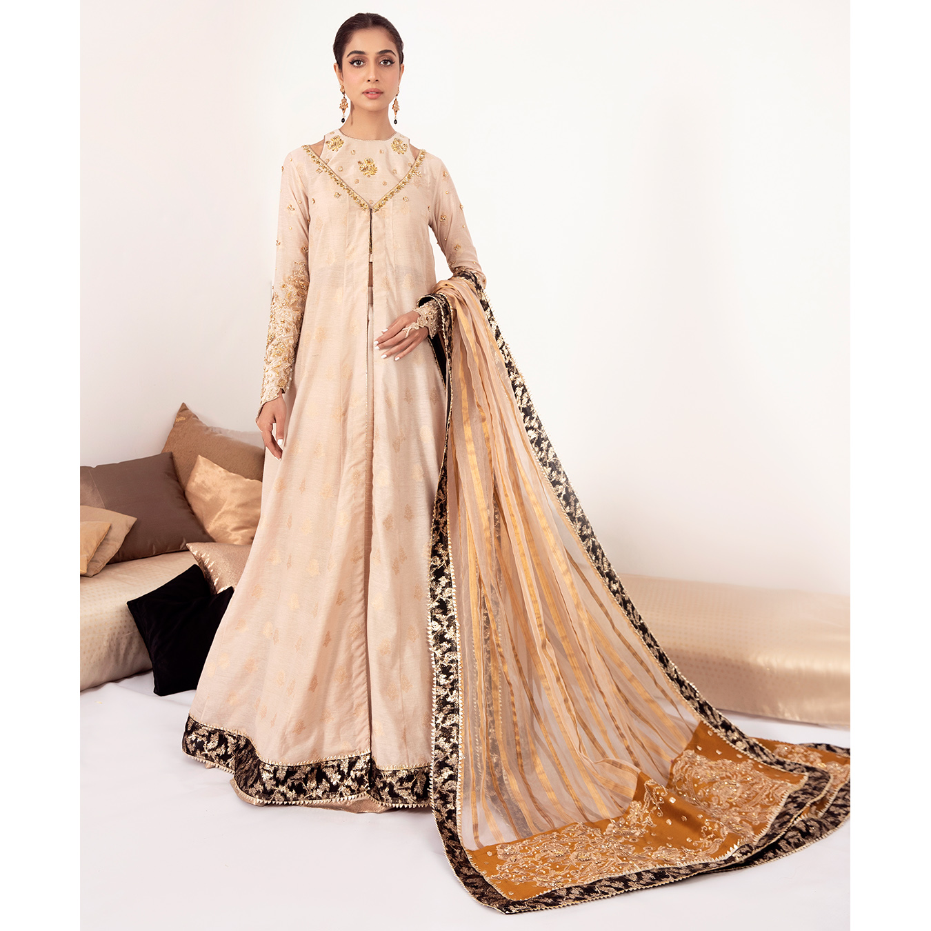 Earthy Beige Embroidered Raw Silk Lehenga Choli (4-Piece) - Image 3