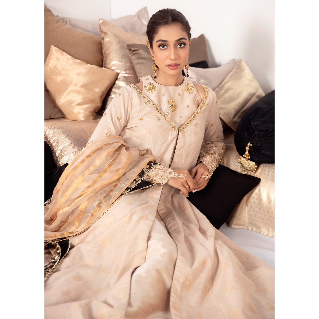 Earthy Beige Embroidered Raw Silk Lehenga Choli (4-Piece) - Image 4