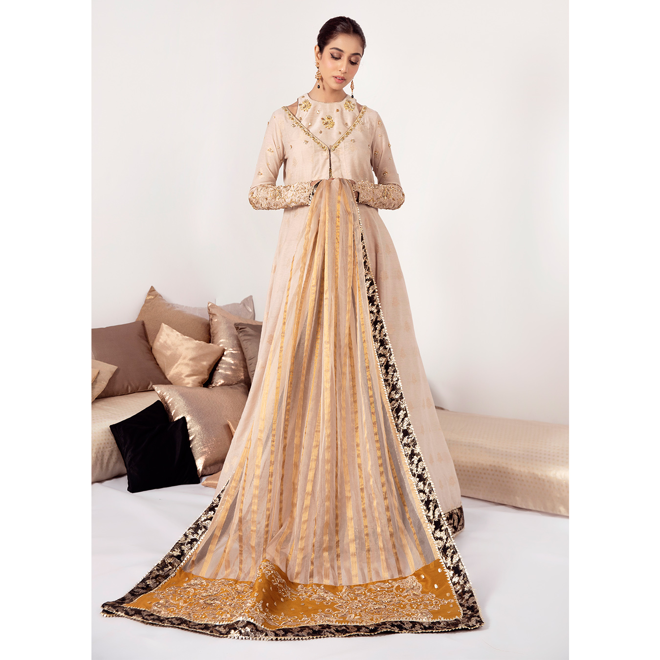 Earthy Beige Embroidered Raw Silk Lehenga Choli (4-Piece) - Image 6