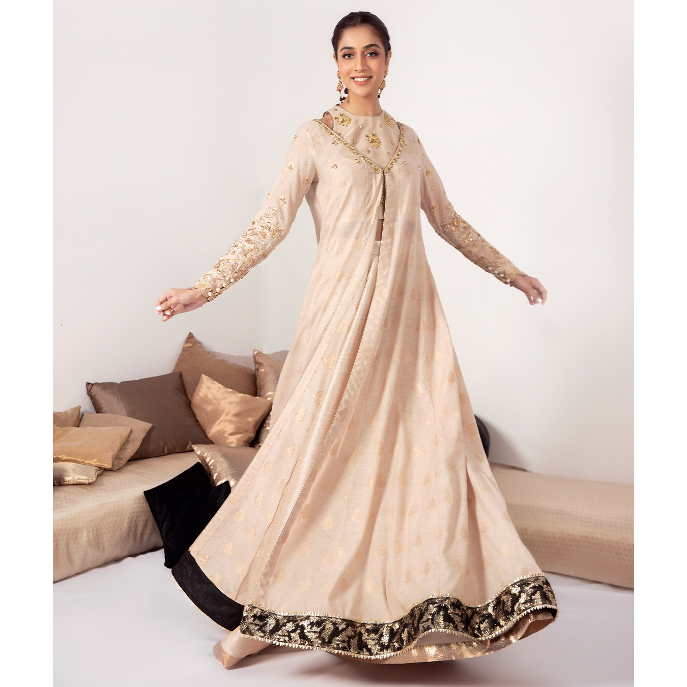 Earthy Beige Embroidered Raw Silk Lehenga Choli (4-Piece) - Image 8