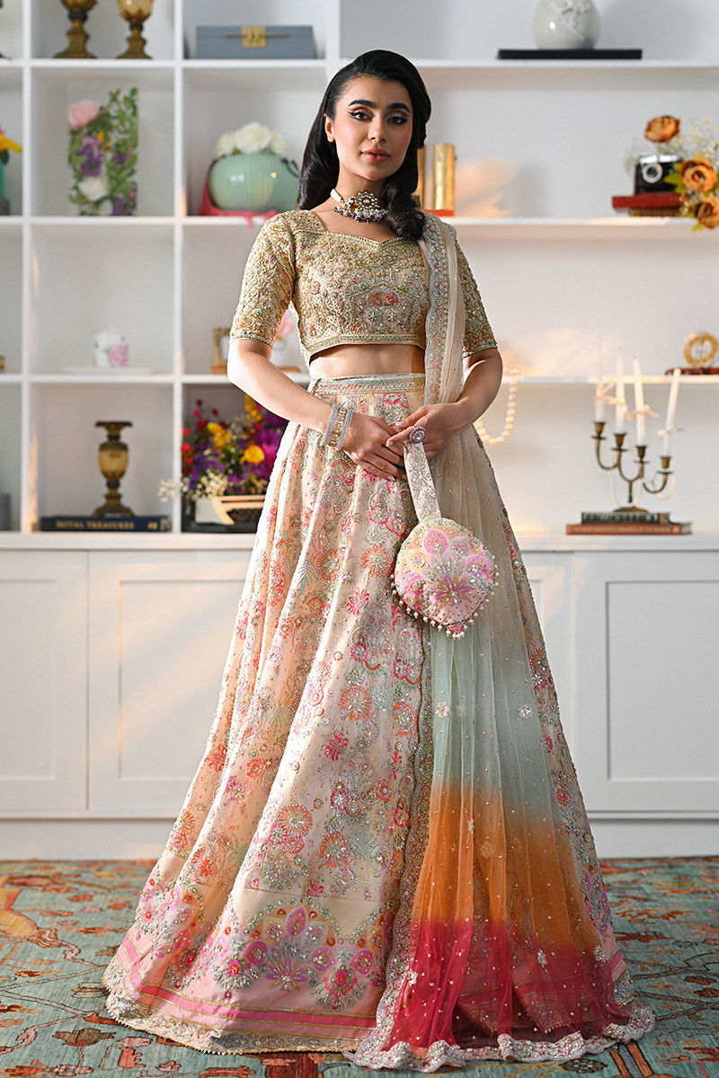 Pakistani Fawn Hand-Embellished Raw Silk Lehenga (3-Piece) - Image 1