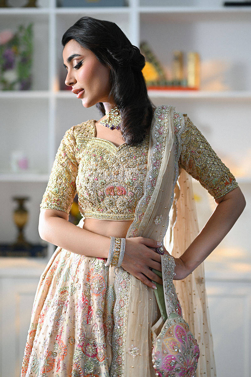 Pakistani Fawn Hand-Embellished Raw Silk Lehenga (3-Piece) - Image 2