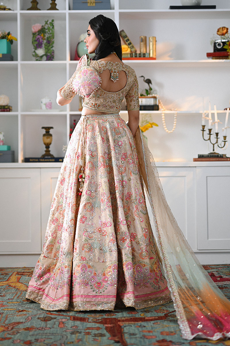 Pakistani Fawn Hand-Embellished Raw Silk Lehenga (3-Piece) - Image 3