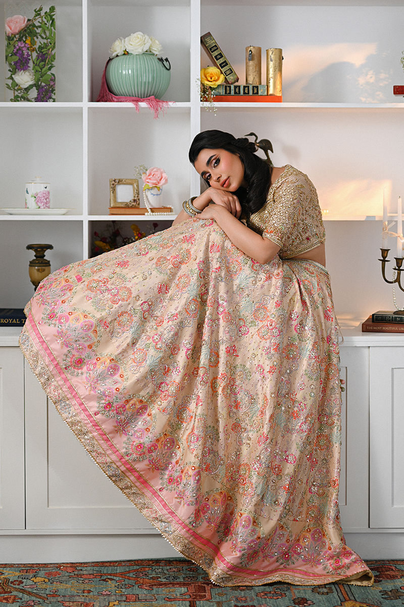 Pakistani Fawn Hand-Embellished Raw Silk Lehenga (3-Piece) - Image 4