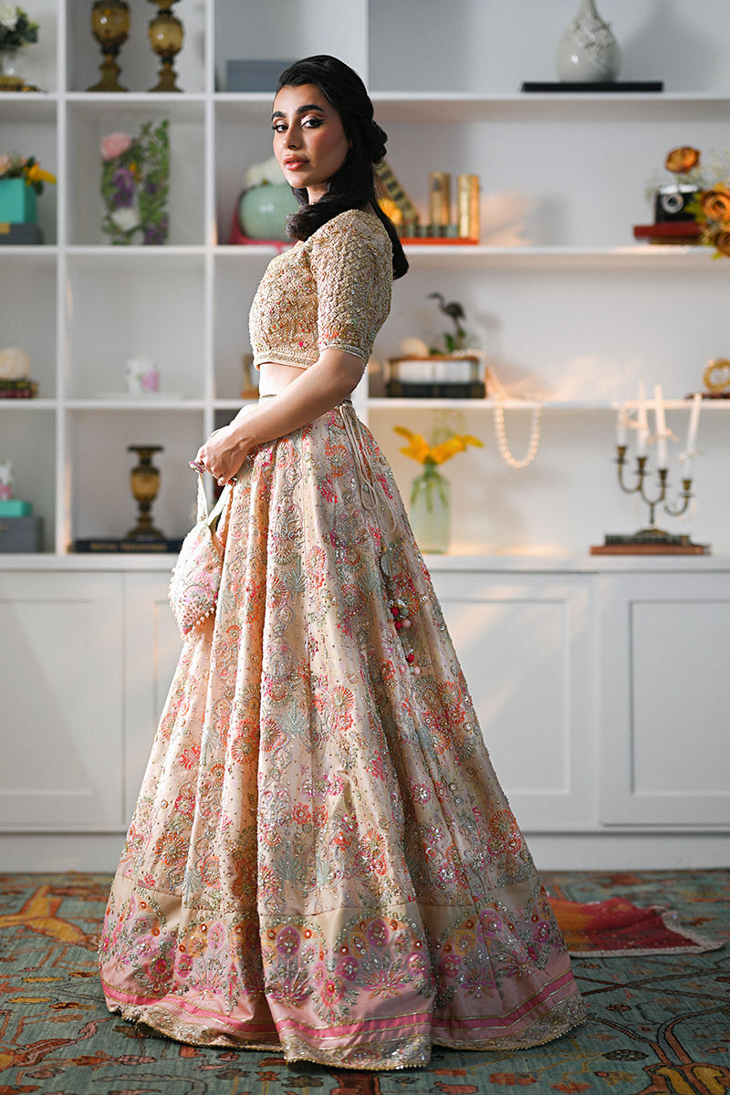 Pakistani Fawn Hand-Embellished Raw Silk Lehenga (3-Piece) - Image 5