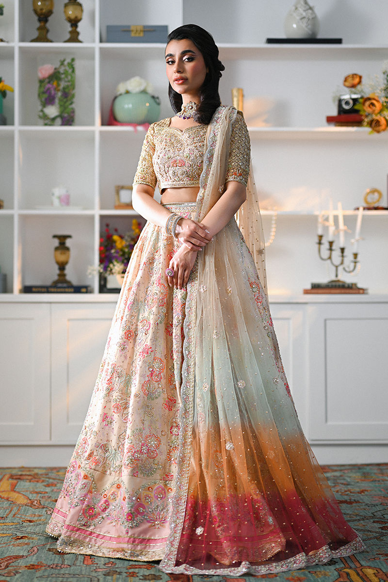Pakistani Fawn Hand-Embellished Raw Silk Lehenga (3-Piece) - Image 6