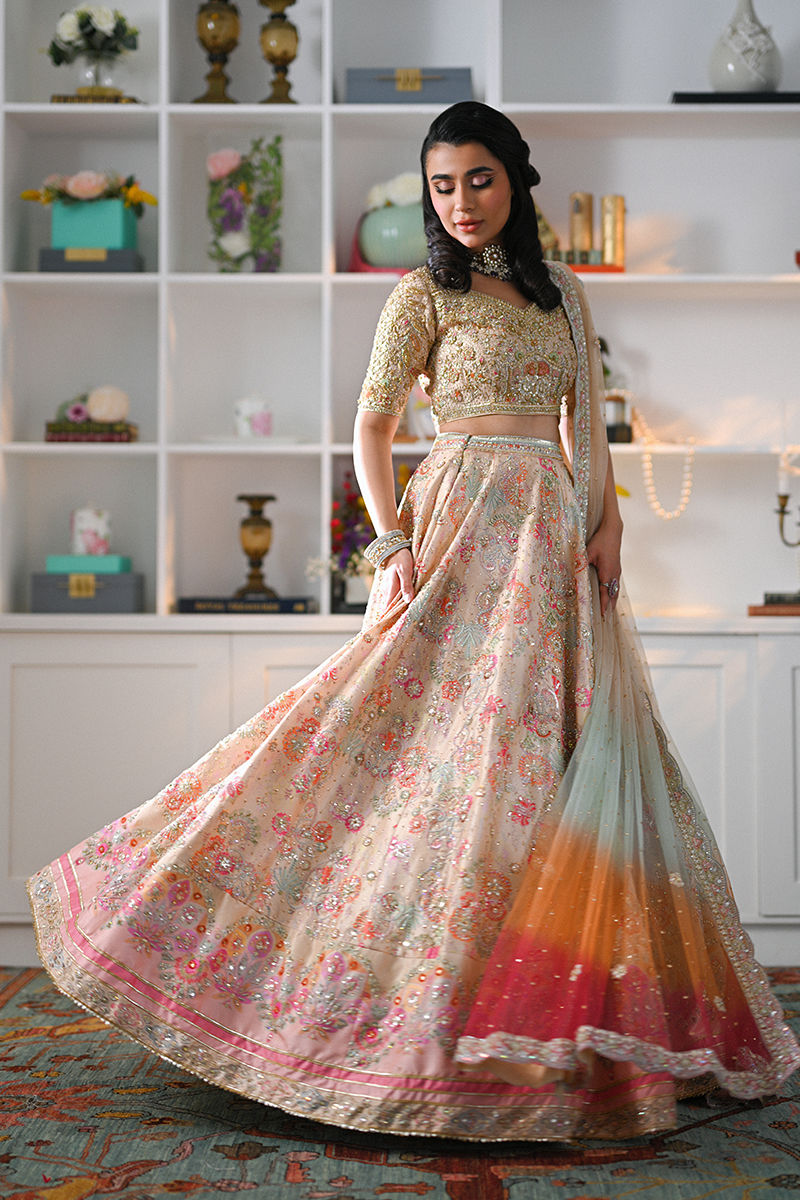 Pakistani Fawn Hand-Embellished Raw Silk Lehenga (3-Piece) - Image 7