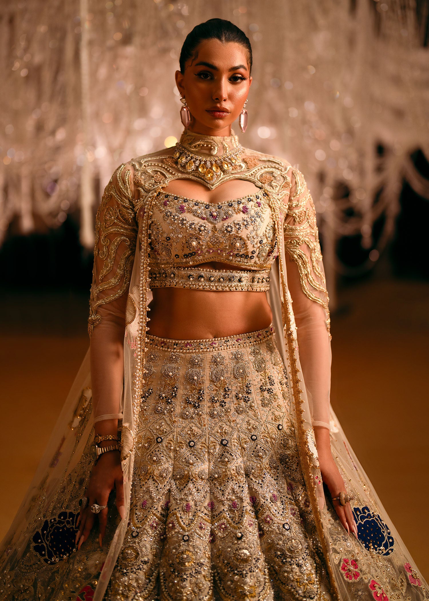 Beige Embellished Raw Silk Lehenga & Choli (3-Piece) - Image 2