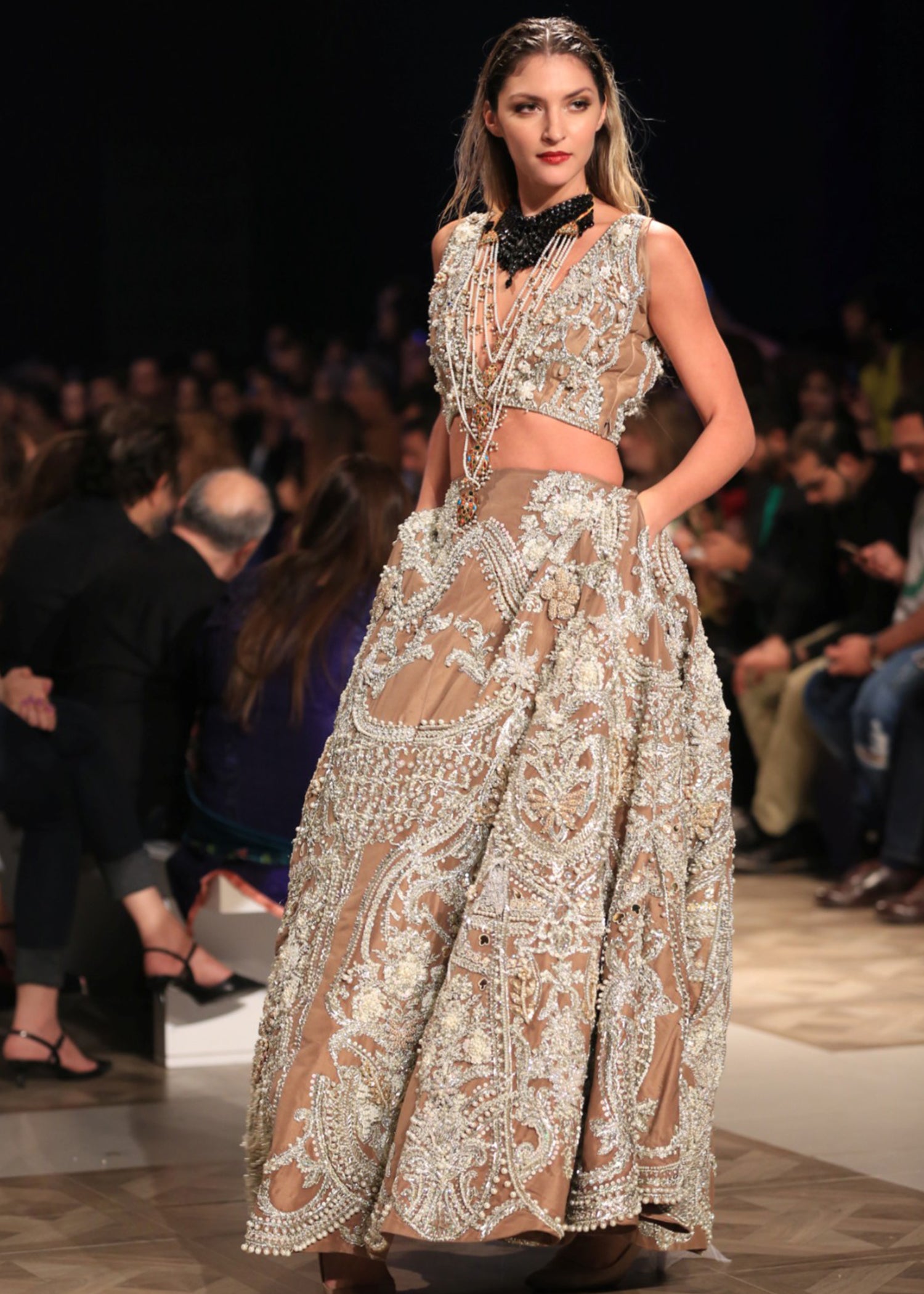 Pakistani Beige Pearl & Crystal Raw Silk Lehenga Choli (2-Piece) - Image 1