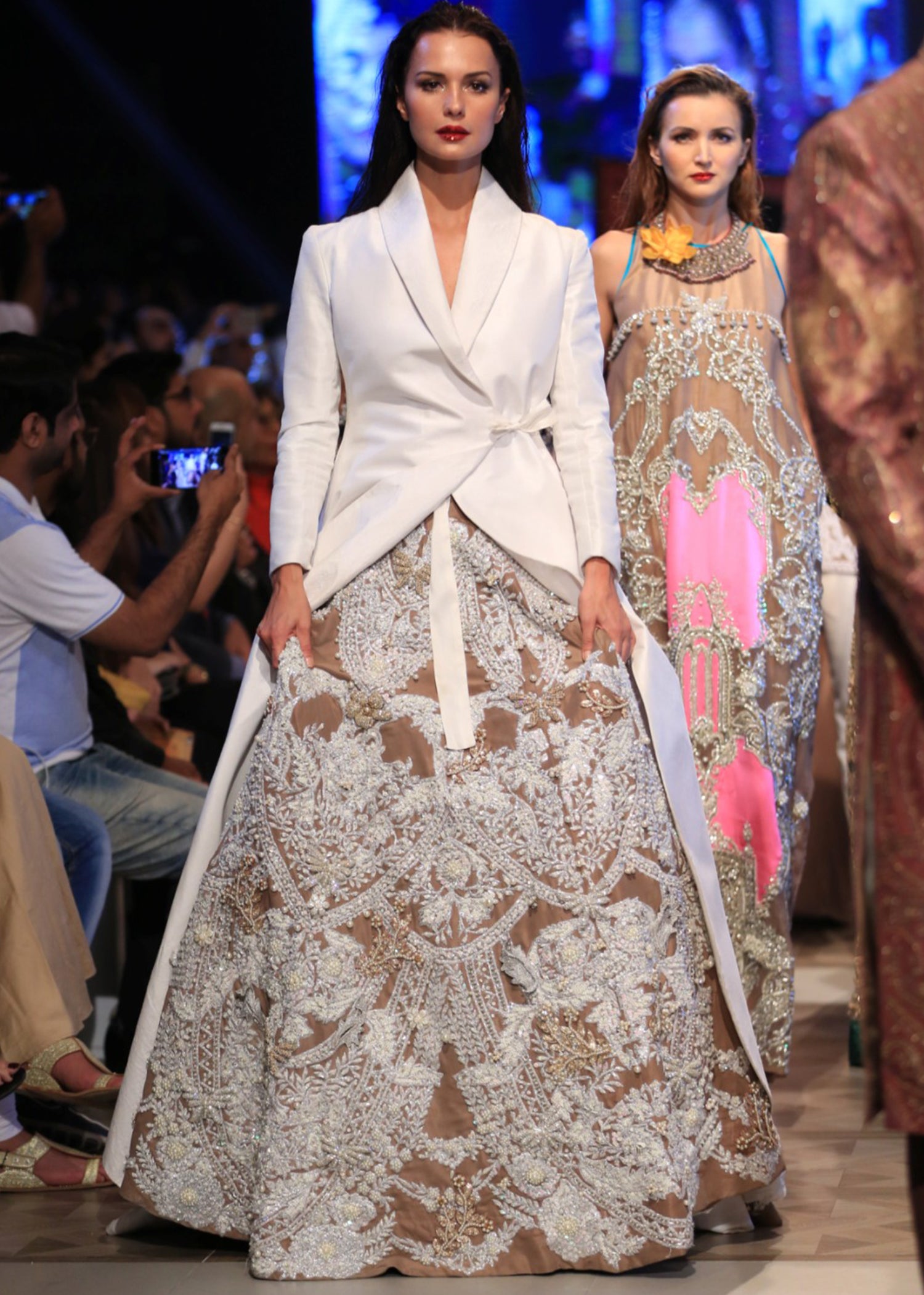 Pakistani Beige Pearl & Crystal Raw Silk Lehenga Choli (2-Piece) - Image 2