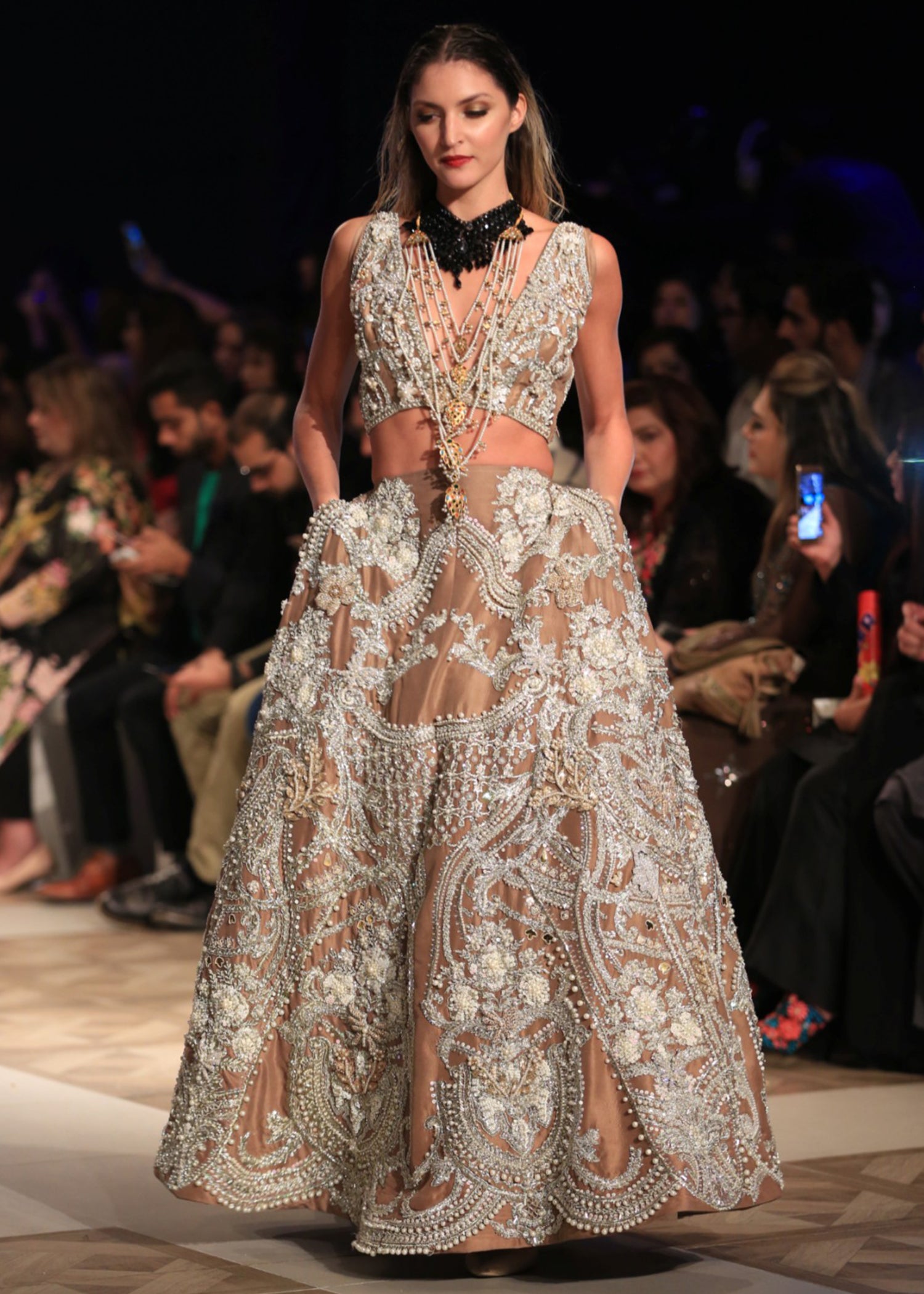 Pakistani Beige Pearl & Crystal Raw Silk Lehenga Choli (2-Piece) - Image 3