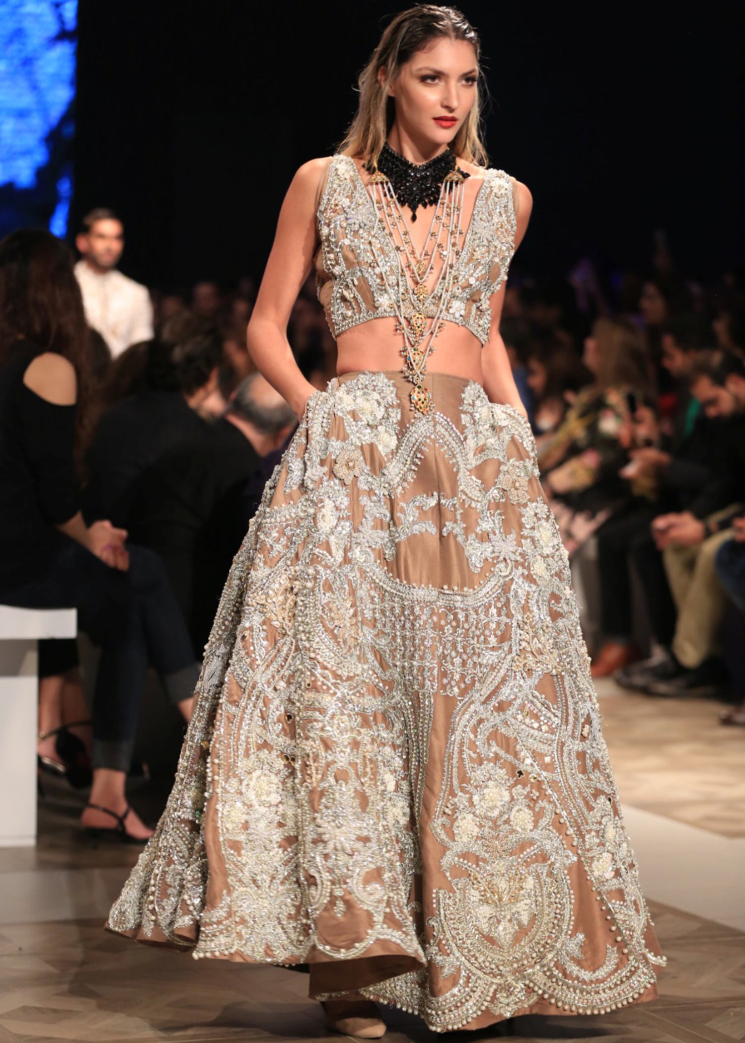 Pakistani Beige Pearl & Crystal Raw Silk Lehenga Choli (2-Piece) - Image 4
