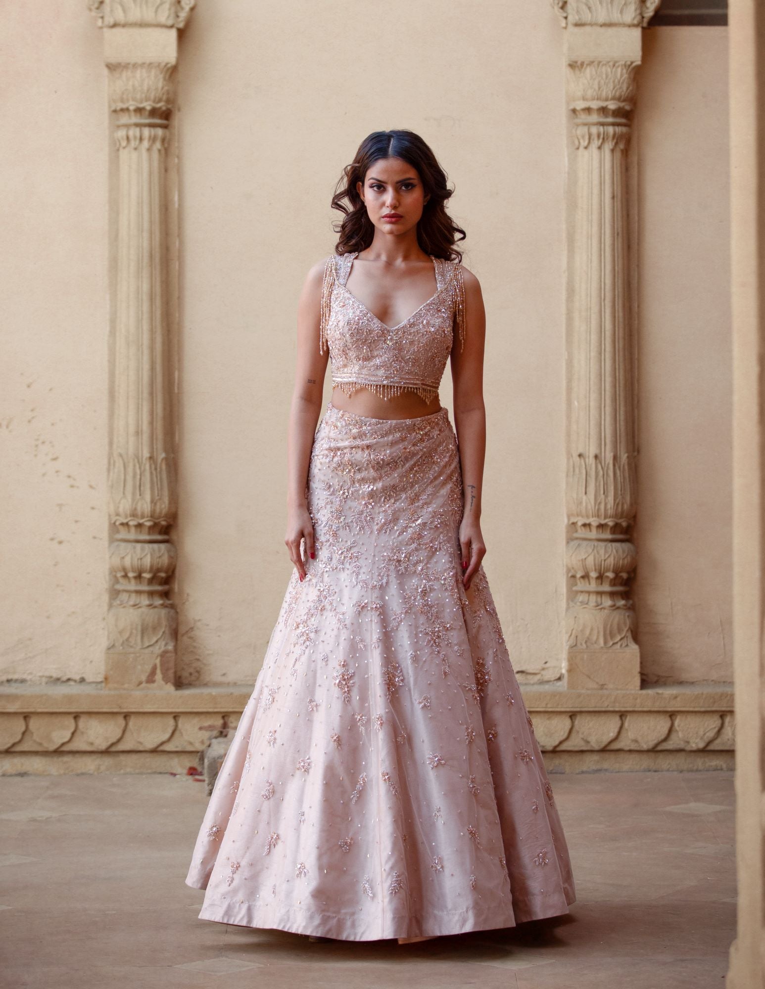 Indian Beige Embroidered Raw Silk Lehenga Choli (2-Piece) - Image 1