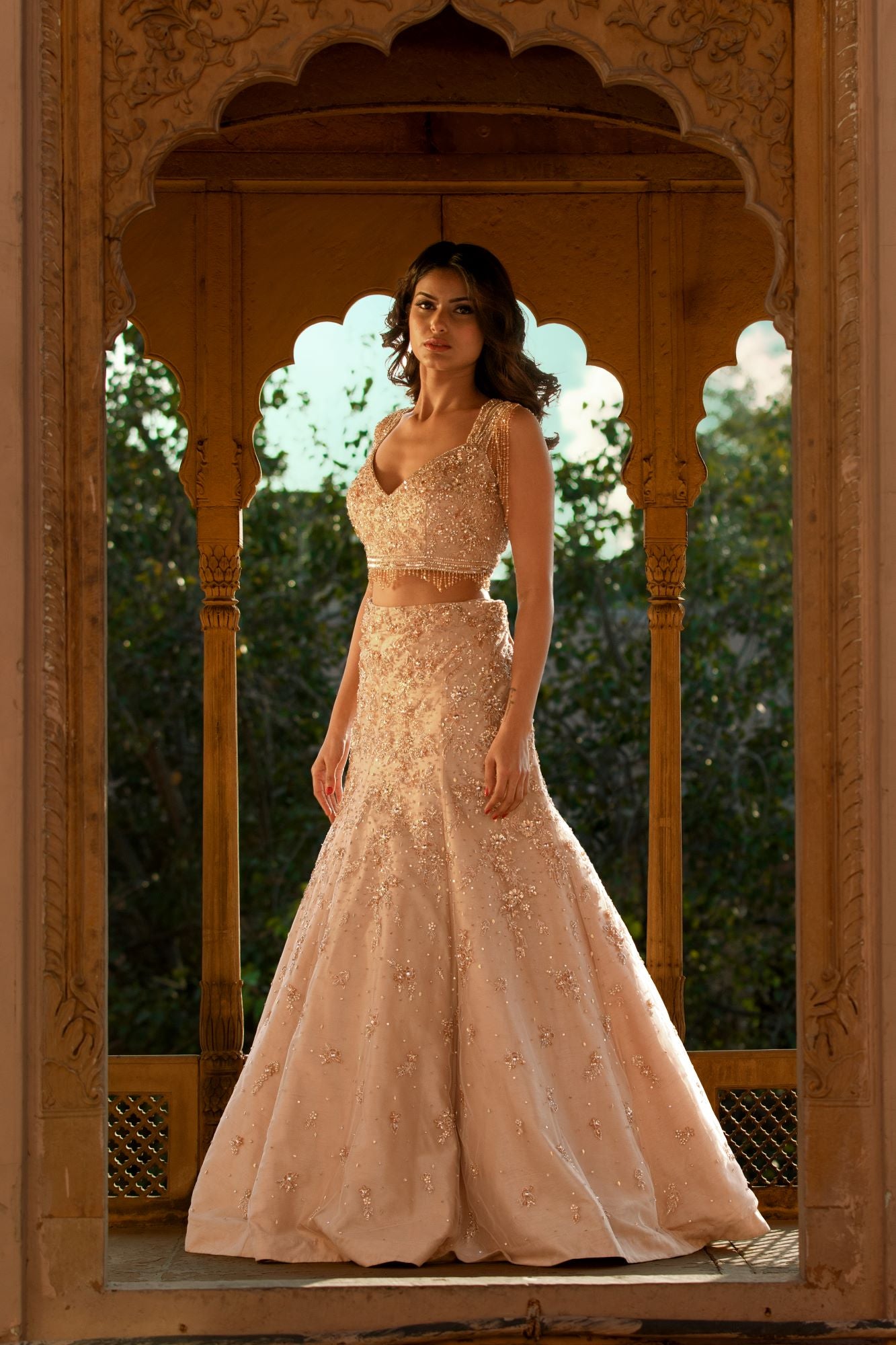 Indian Beige Embroidered Raw Silk Lehenga Choli (2-Piece) - Image 3