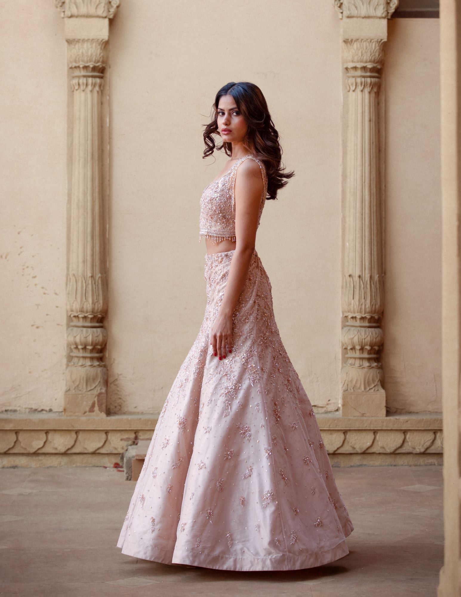 Indian Beige Embroidered Raw Silk Lehenga Choli (2-Piece) - Image 4