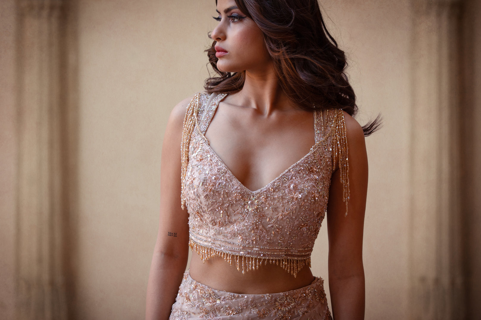 Indian Beige Embroidered Raw Silk Lehenga Choli (2-Piece) - Image 5