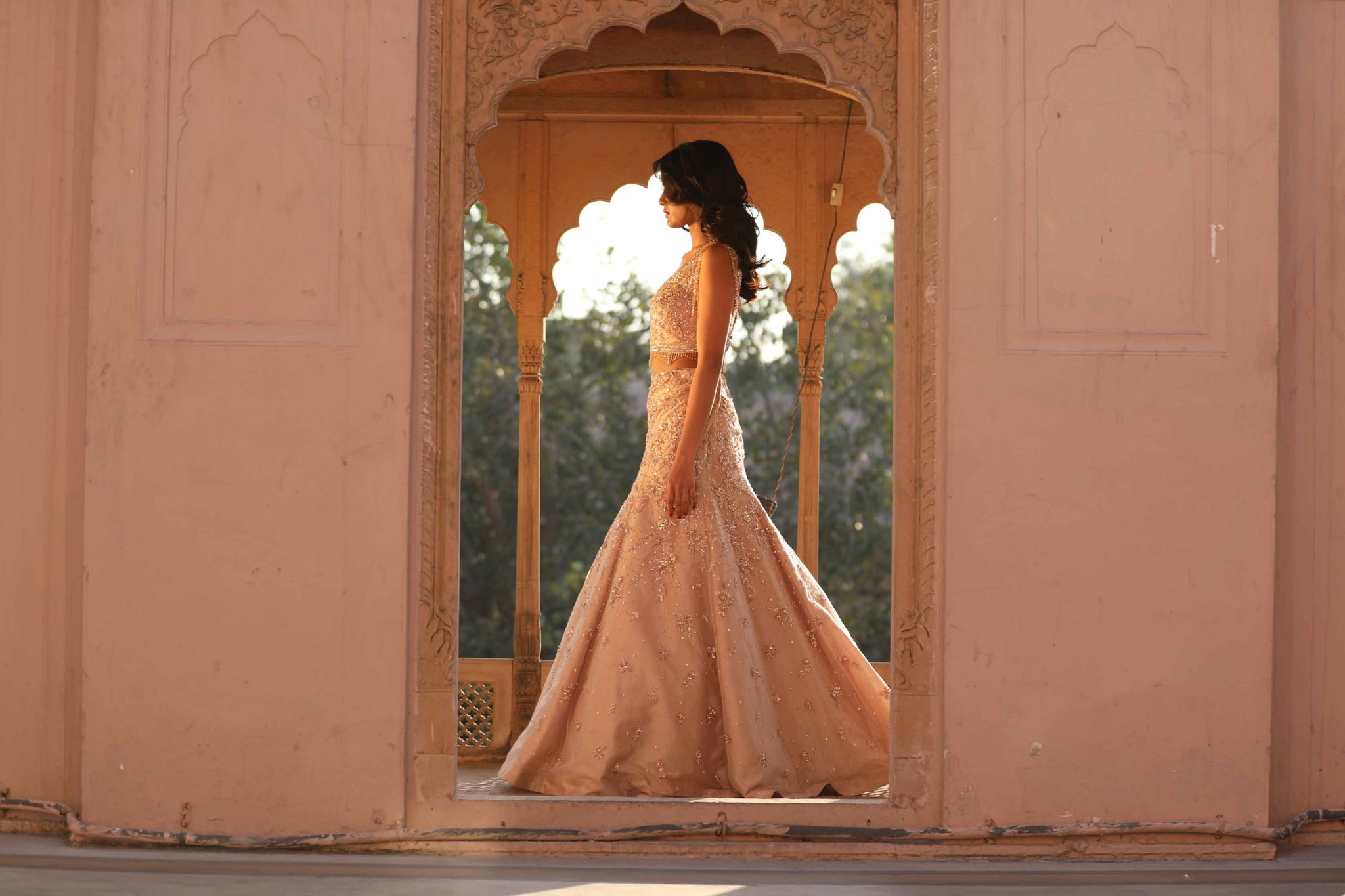 Indian Beige Embroidered Raw Silk Lehenga Choli (2-Piece) - Image 6