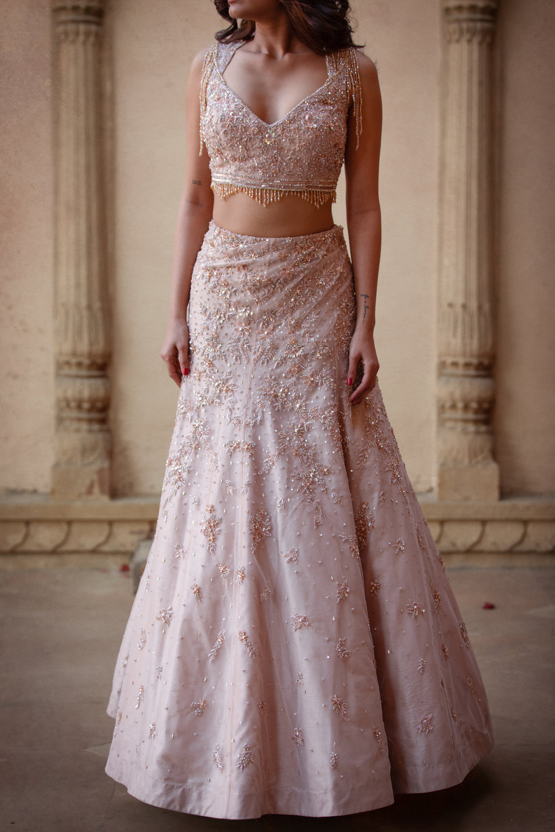 Indian Beige Embroidered Raw Silk Lehenga Choli (2-Piece) - Image 7