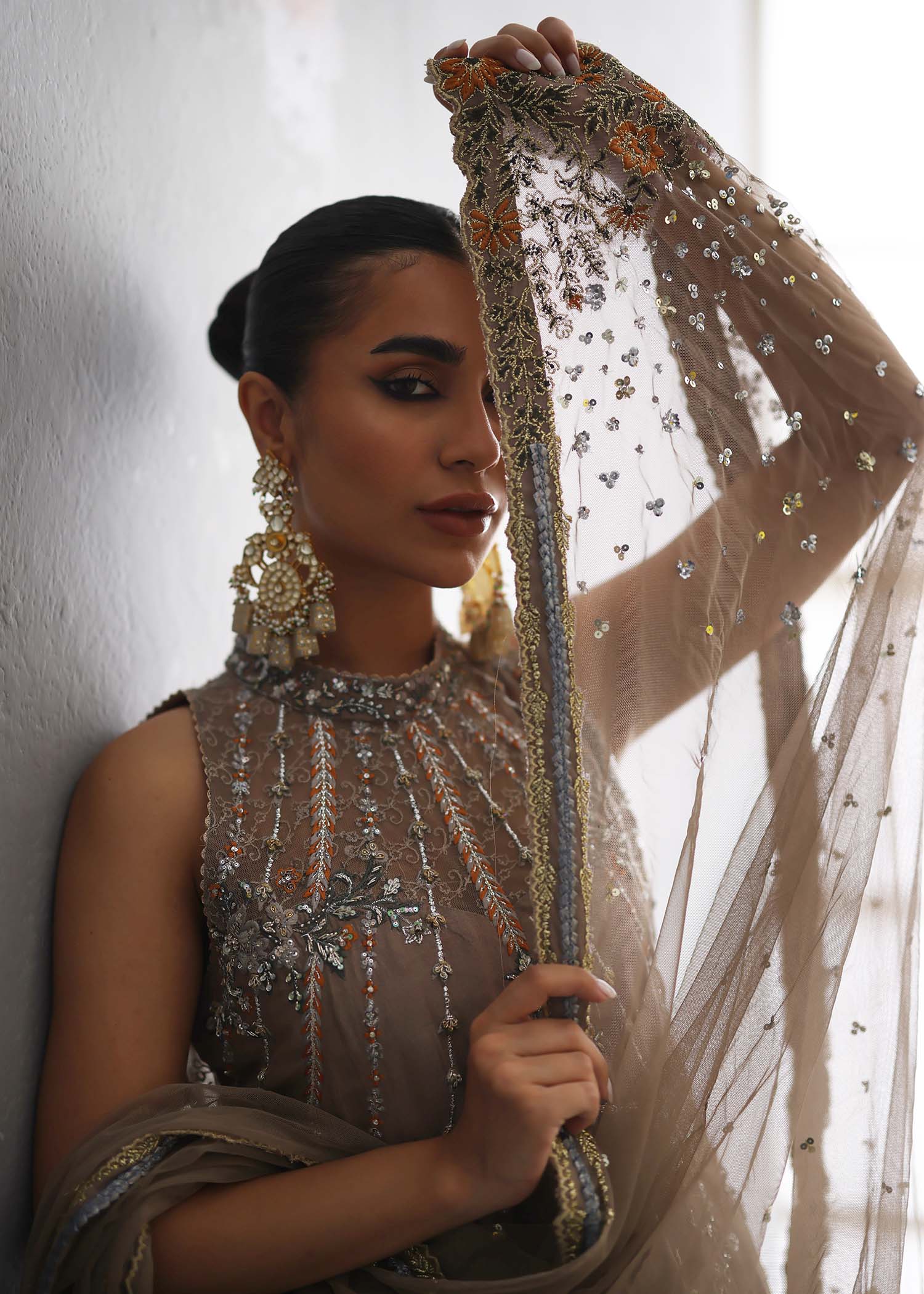 Pakistani Mocha Beige Embroidered Raw Silk & French Net Lehenga (3-Piece) - Image 2