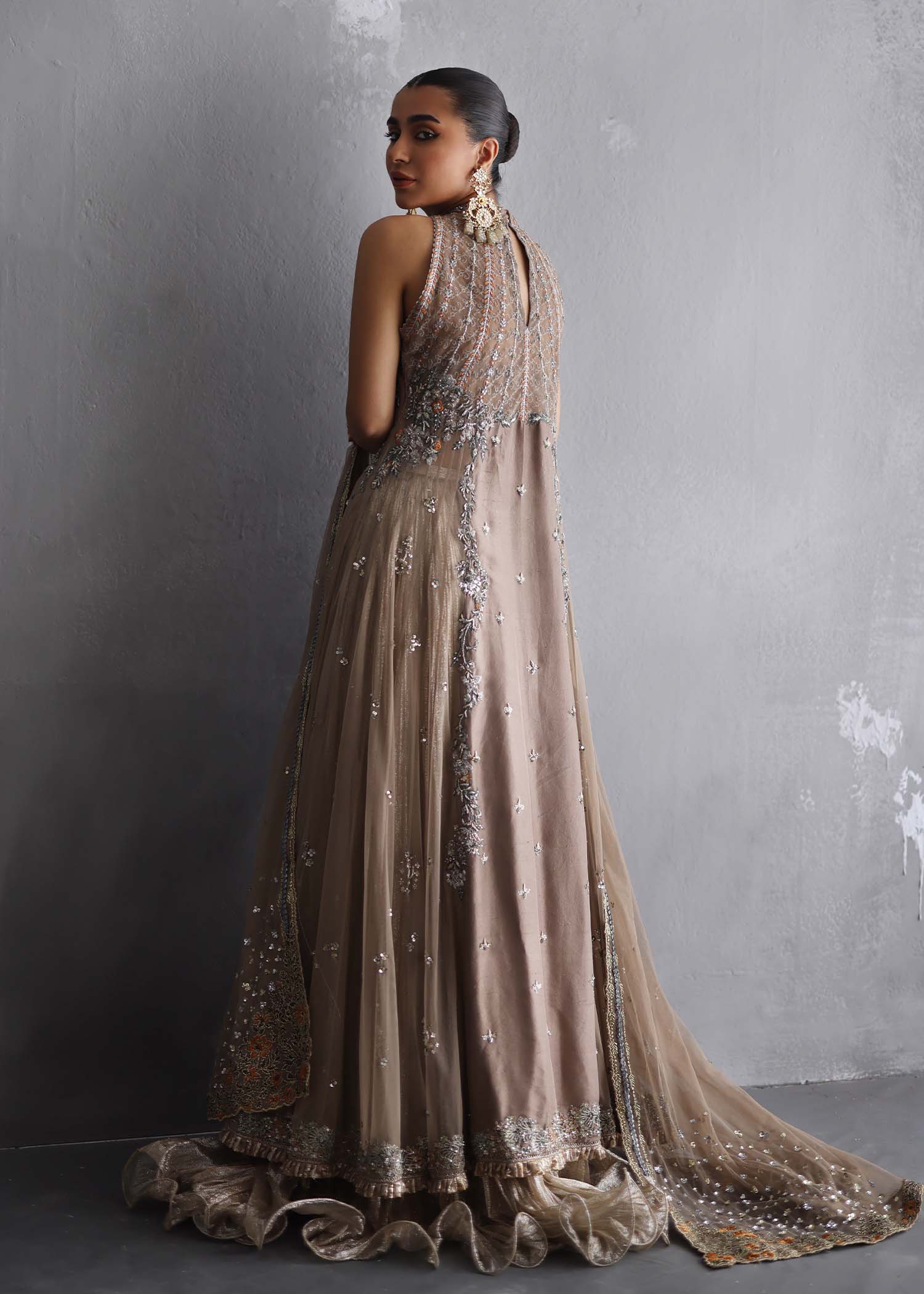 Pakistani Mocha Beige Embroidered Raw Silk & French Net Lehenga (3-Piece) - Image 3