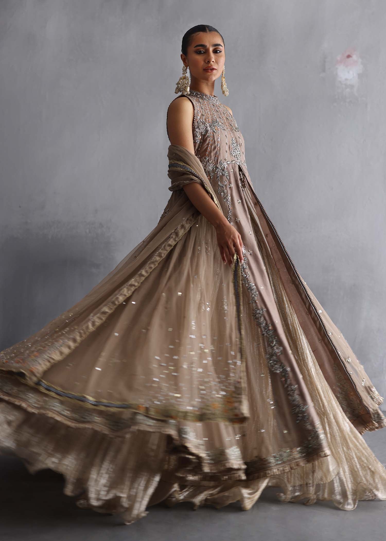 Pakistani Mocha Beige Embroidered Raw Silk & French Net Lehenga (3-Piece) - Image 5