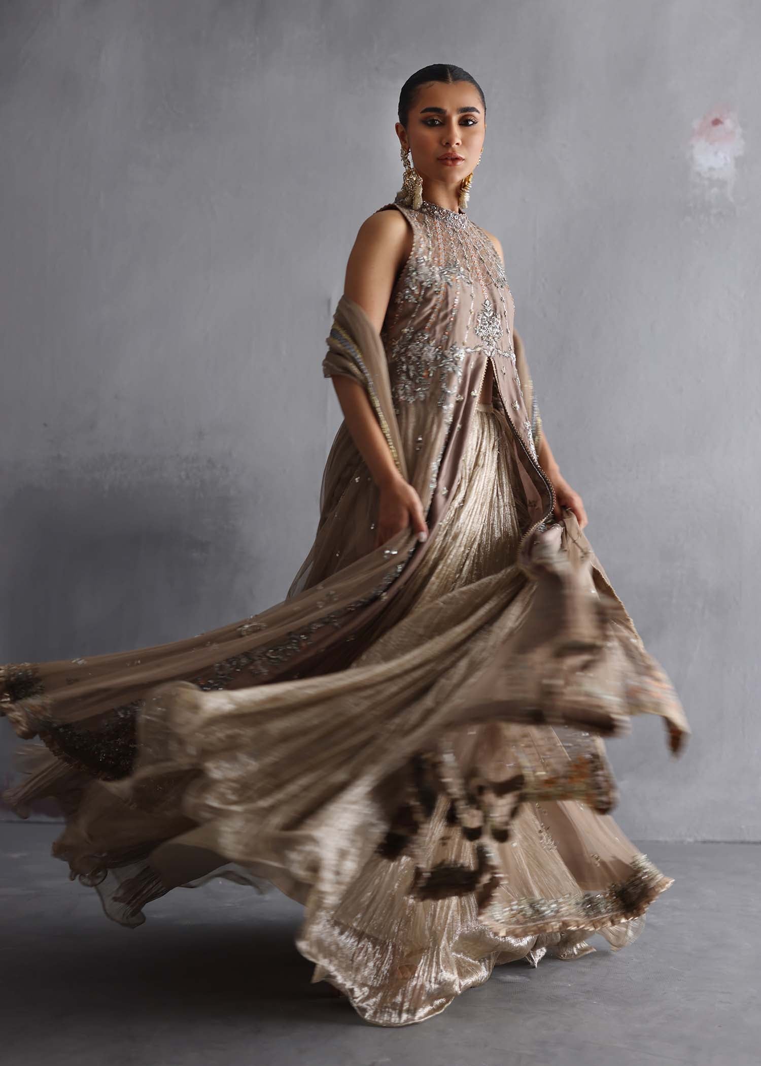 Pakistani Mocha Beige Embroidered Raw Silk & French Net Lehenga (3-Piece) - Image 6