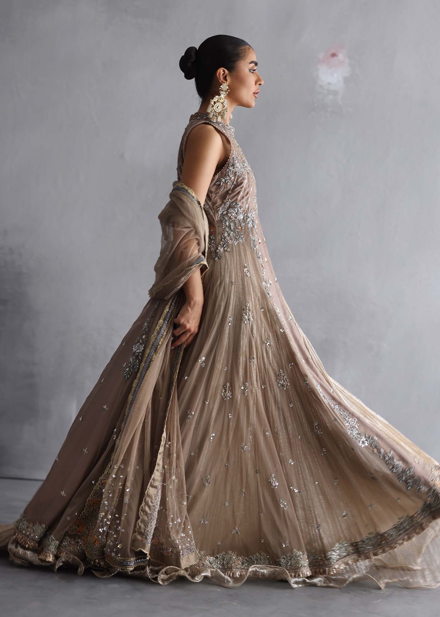 Pakistani Mocha Beige Embroidered Raw Silk & French Net Lehenga (3-Piece) - Image 7