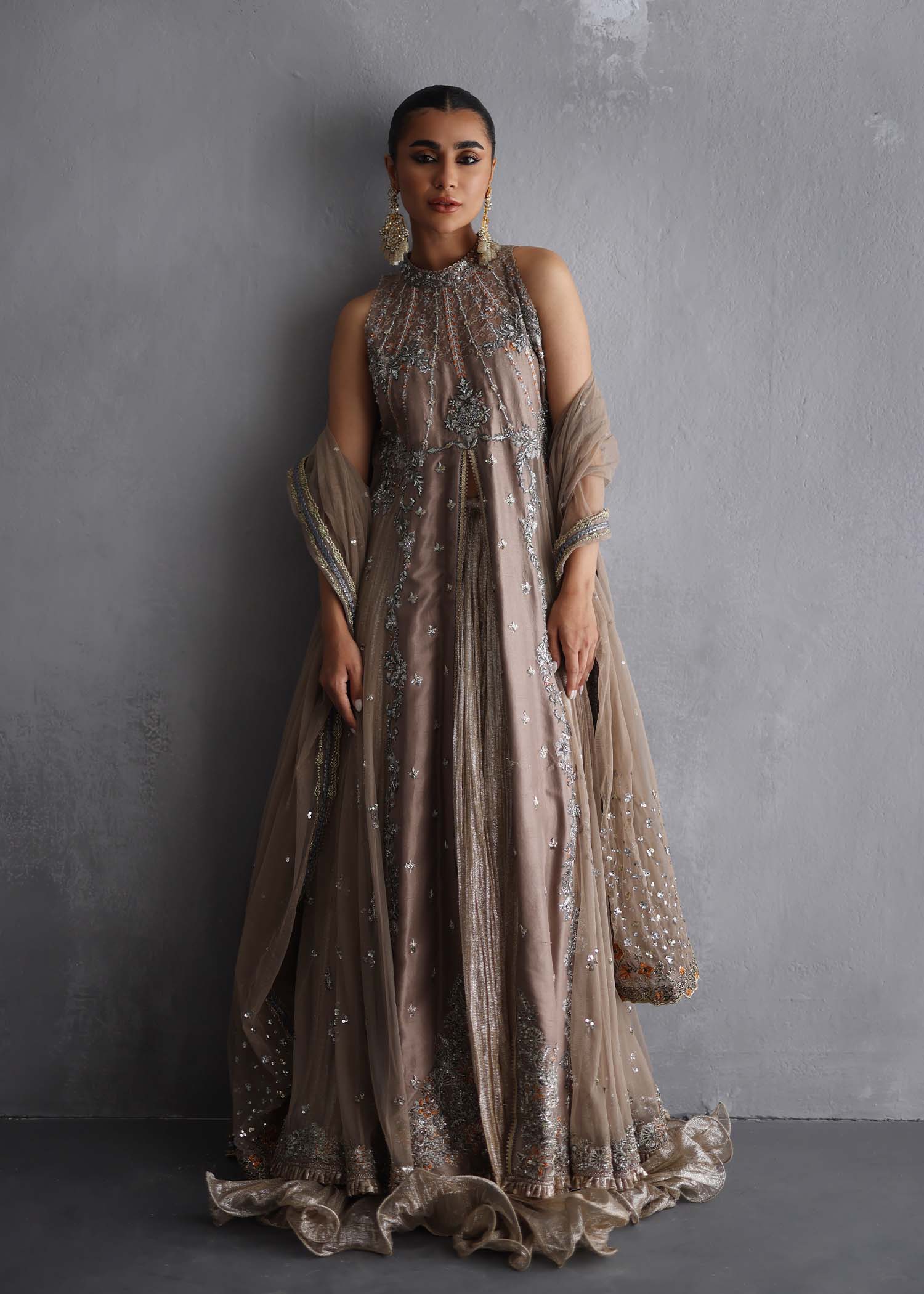 Pakistani Mocha Beige Embroidered Raw Silk & French Net Lehenga (3-Piece) - Image 8