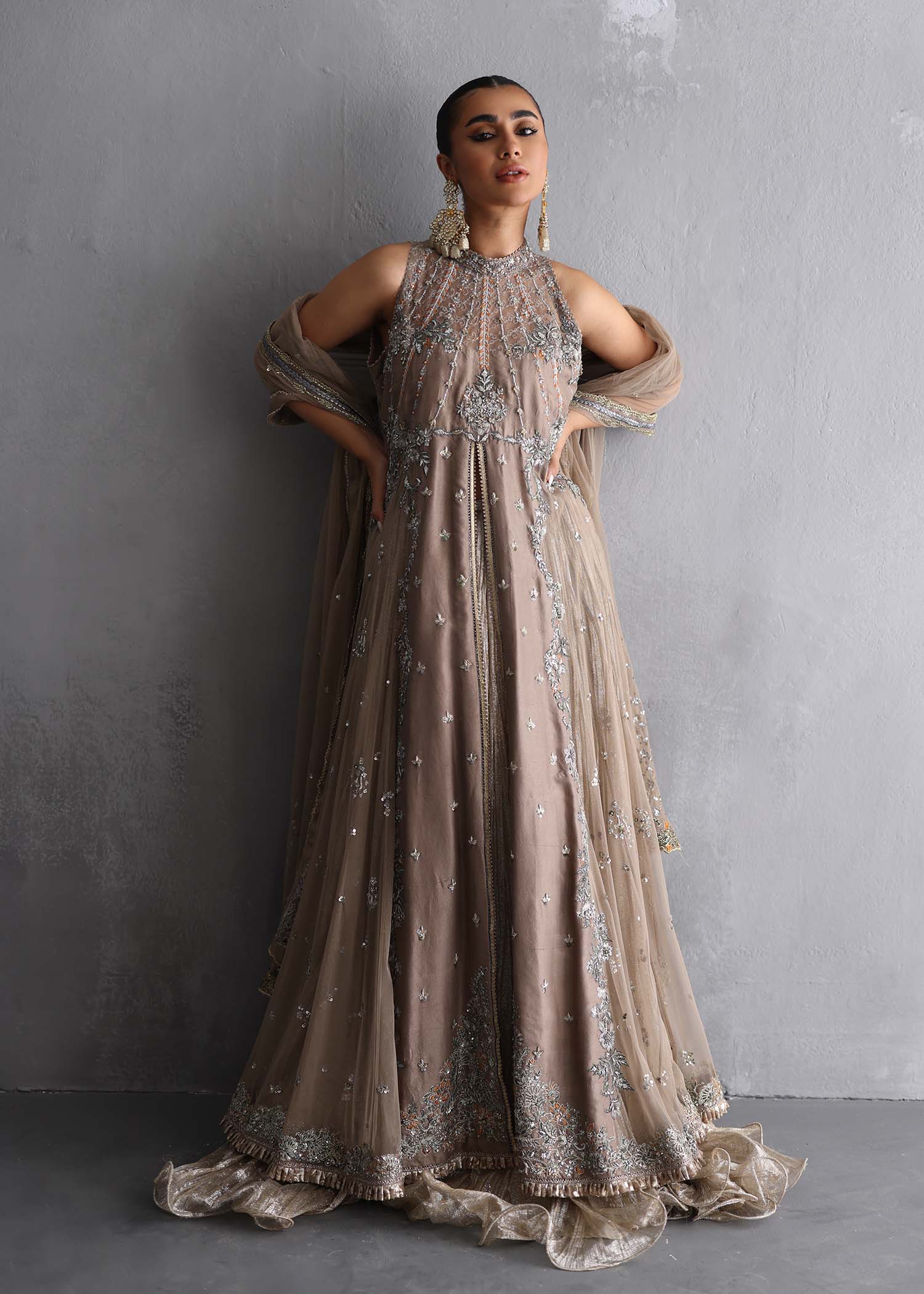 Pakistani Mocha Beige Embroidered Raw Silk & French Net Lehenga (3-Piece) - Image 9